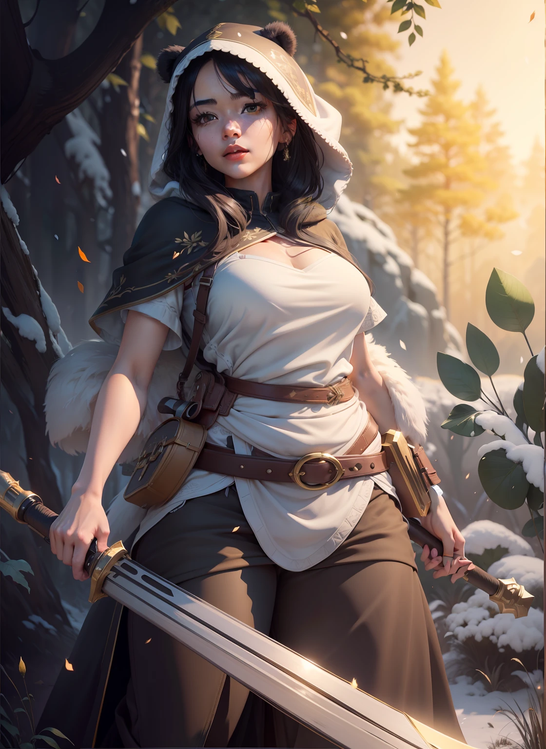 beautiful woman facing the camera black hair asian eyes, wearing a black and white panda hood holding a gleaming sword silver and gold Masterpiece, best quality, high quality, highly detailed CG unity 8k wallpaper beautiful landscape oil painting, award winning photography, bokeh, depth of field, HDR, bloom, chromatic aberration, photorealism, highly detailed, trending on artstation, on CGsociety Trending, intricate, high detail, dramatic, midjourney art and masterpiece, best quality, high quality, extremely detailed CG unity 8k wallpaper lush summer landscape with rolling green hills stretching towards the horizon, dotted with pink, yellow wildflowers, and purples, volumetric lighting and masterpiece, best quality, high quality, extremely detailed CG unity 8k wallpapers serene autumn landscape surrounded by trees in shades of golden yellow, fiery red and burnt orange. The crisp air is laced with the sweet aroma of fallen leaves and wood smoke. The ground is covered with a golden foliage that rustles underfoot. In the distance a golden mountain rises, volumetric lighting and a masterpiece, best quality, high quality, extremely detailed CG unity 8k wallpaper breathtaking winter landscape covered in a golden mantle creating a glittering A world of glowing white and gold. Tall evergreen trees are tall and proud, their branches are crushed by heavy snow, volumetric lighting and masterpiece, best quality, high quality, extremely detailed CG unity 8k wallpaper a vibrant spring landscape full of new life and colors. Rolling hills covered in a green carpet, dotted with delicate wildflowers in shades of pink, purple and yellow, stereoscopic lighting --auto