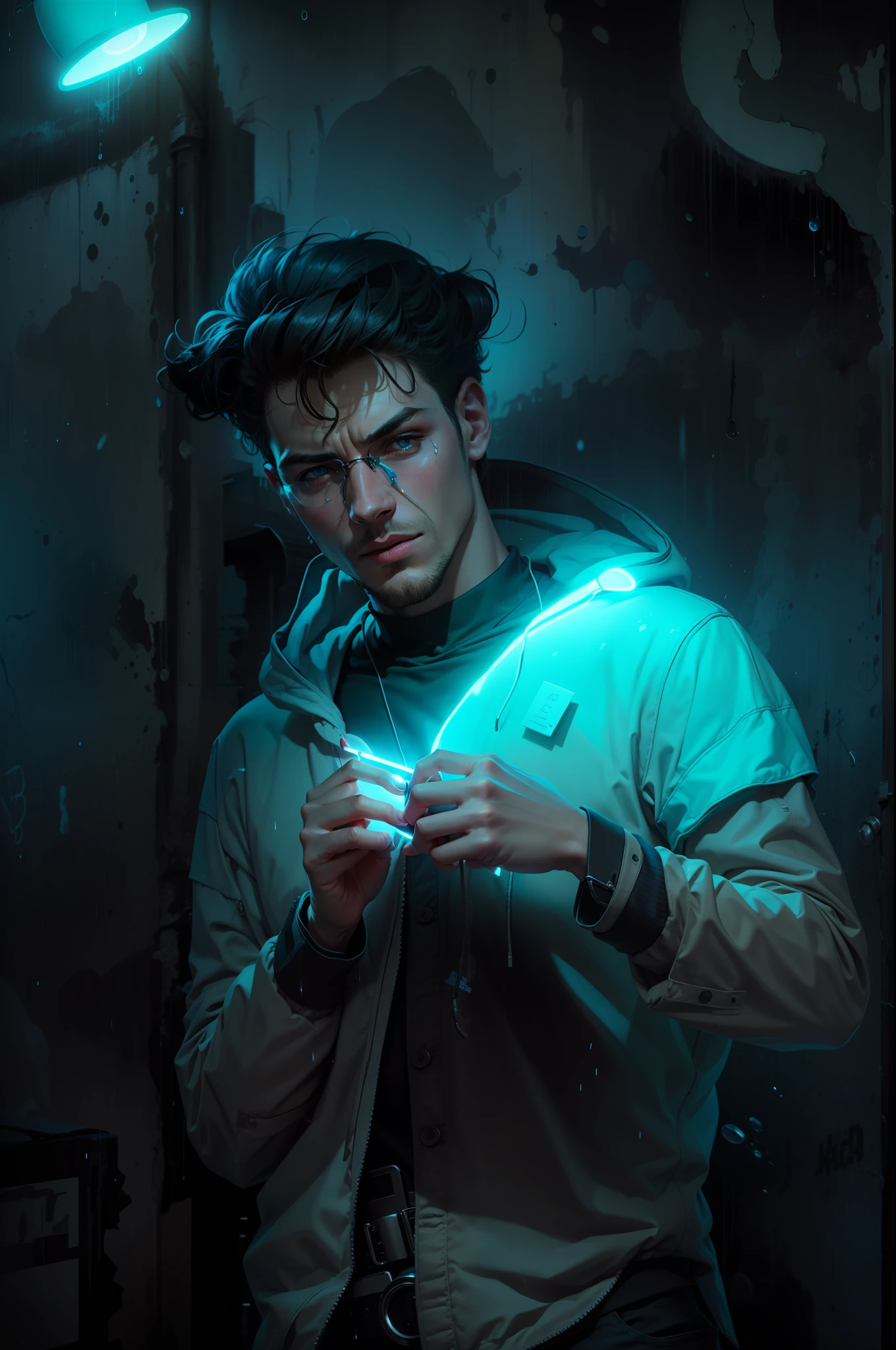 1man, hacker, hood, sunglasses, holding a worm pill and a blue one, movie set, neon light ends, night, rain, volumetric lighting, best quality, masterpiece, realistic