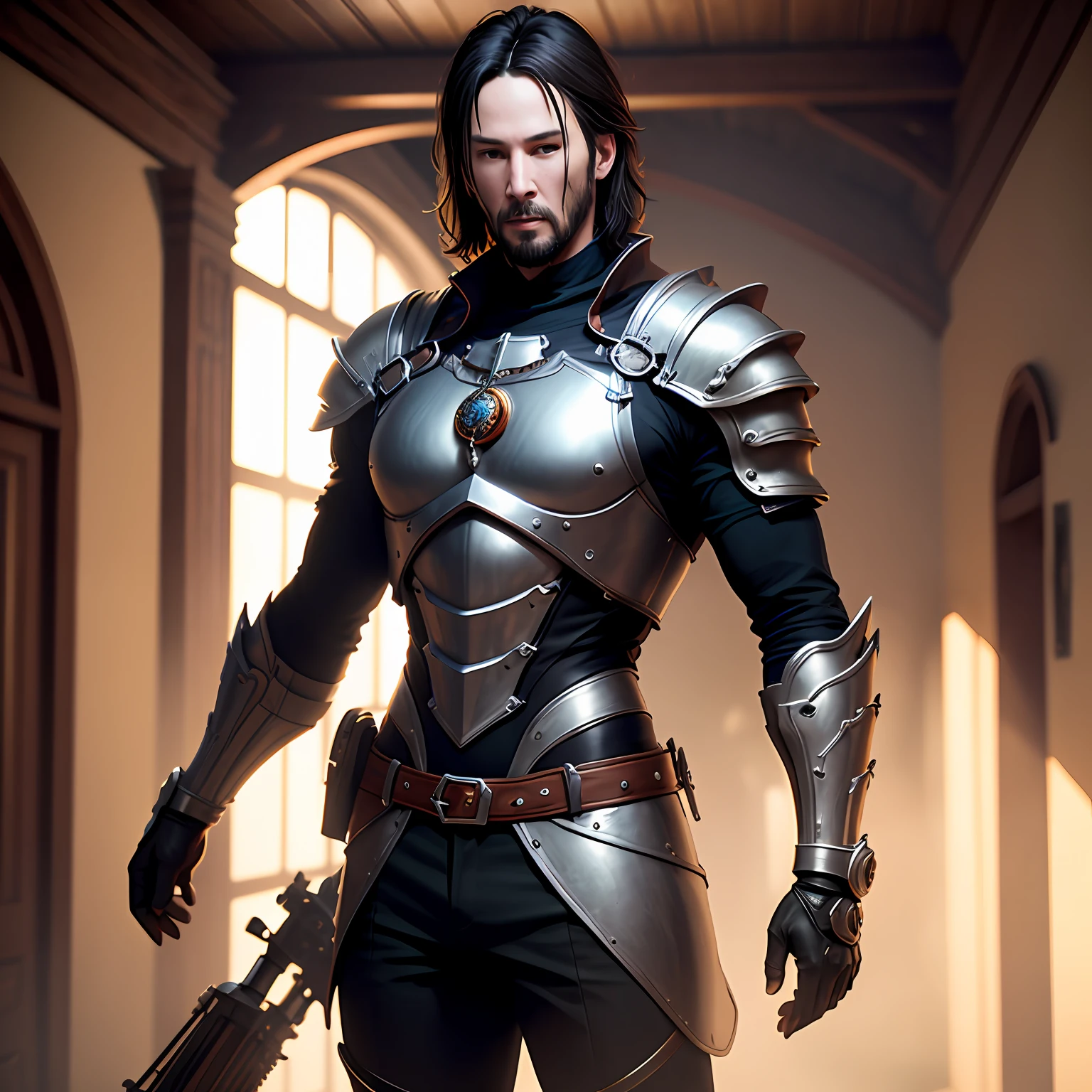 Keanu Reeves, Adornado con armadura medieval negra con detalles esmeralda, 1hombre, (cuerpo completo: 1.3), 12k, a high definition, Kinematic, Ganador del concurso Behance, Destacado en Unsplash, Arte digital estilizado, Suave, ultra-high def, 8k, Motor Unreal 5, Ultra Sharp Focus, Obra maestra de arte intrincada, Arte digital 3D de alta calidad
