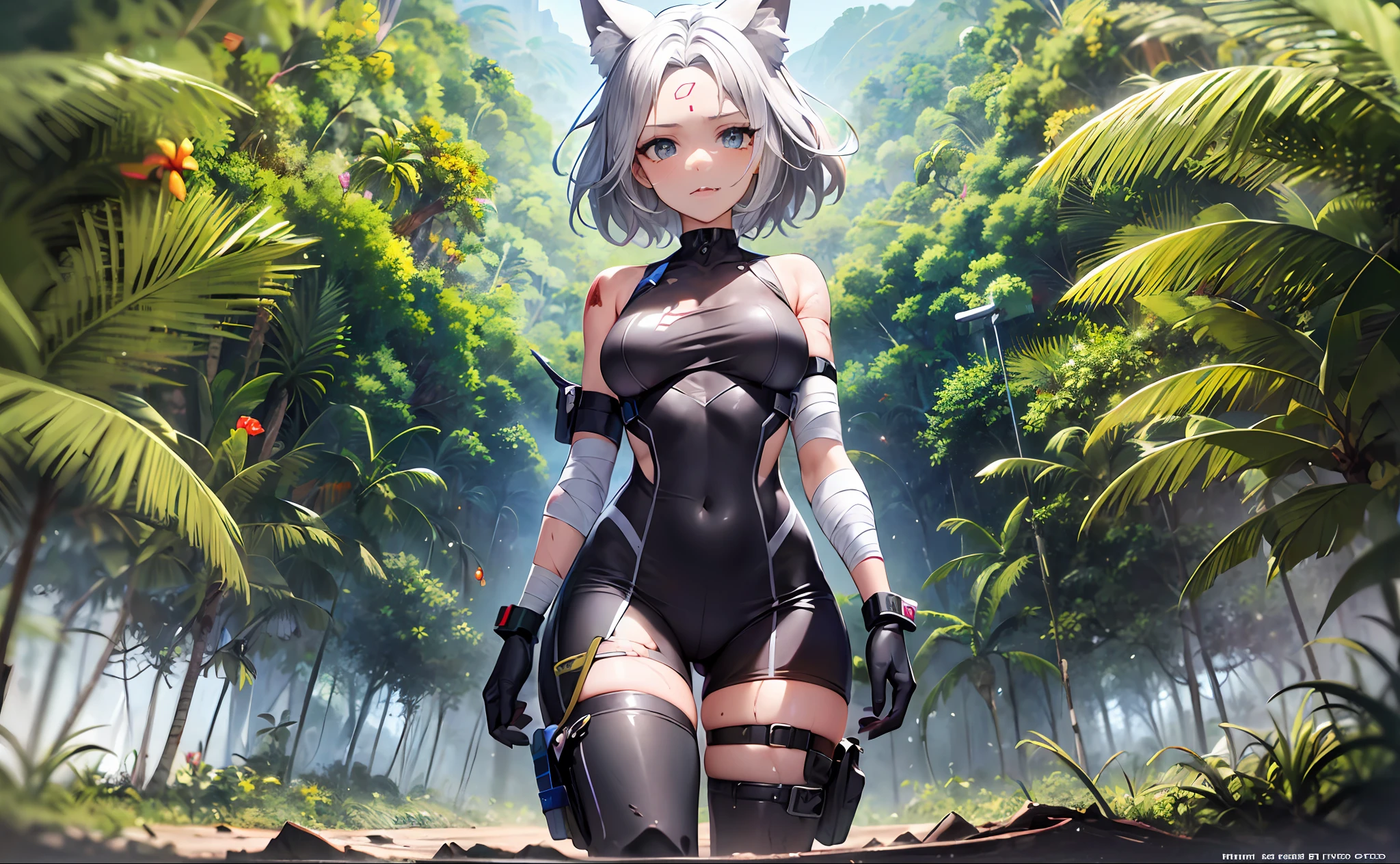 1girl, solo, wolf girl, wolf ears, (short hair, silver hair, messy hair:1.2), fighting stance, skin fang, (pilot suit, ripped clothing, goggle on head, get dirty all over:1.15), (the injured forehead was wrapped in a bandage:1.35), afraid, (tropical rainforest:1.4), a crashed plane, full body, (panorama:1.25), UHD, masterpiece, textured skin, super detail, anatomically correct, high details, high quality, award winning