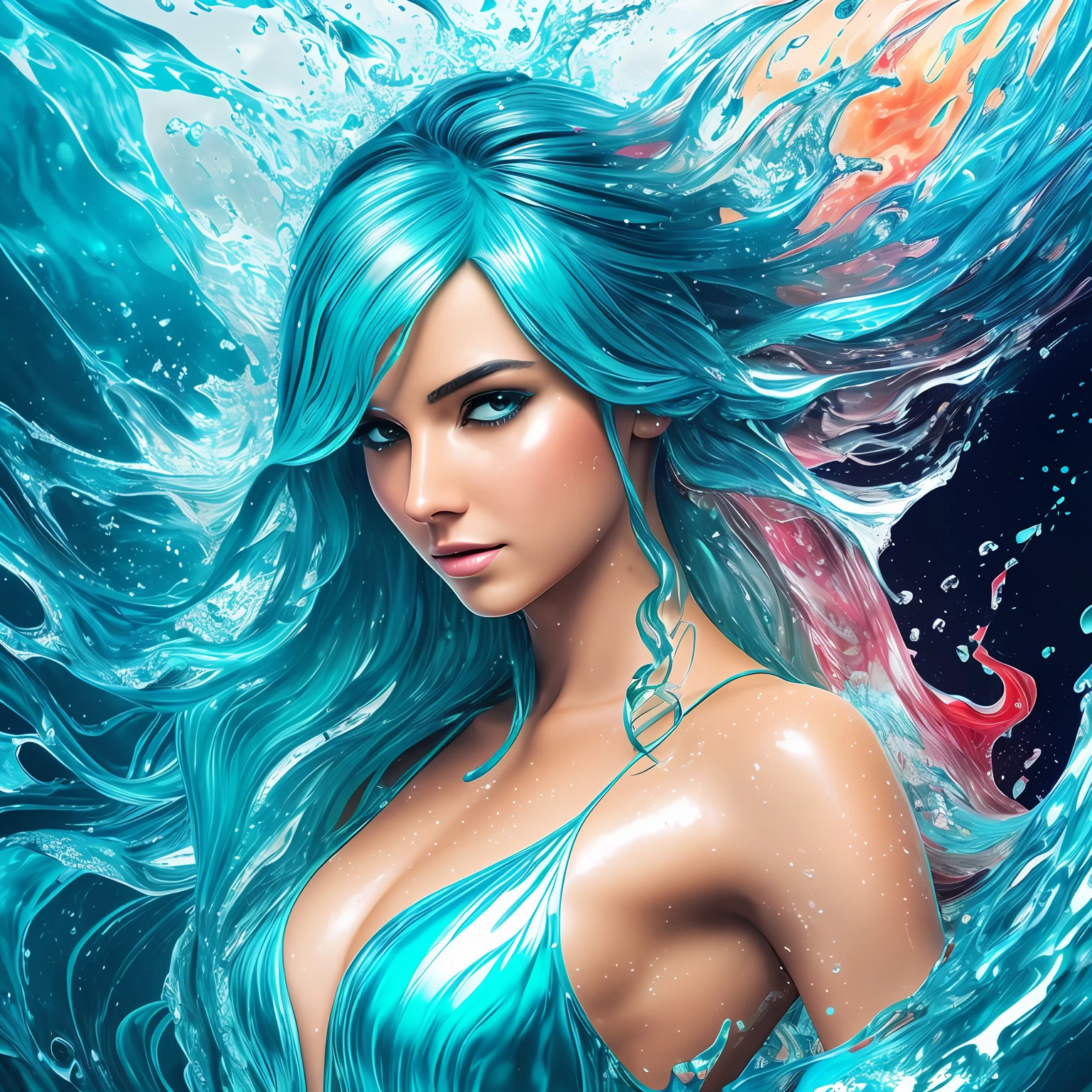 half body of woman made of aqua, half body submerged in aqua, in a whirlpool of water, blue hair depicting as waterfall, wet, drops of fire on face and body, full body posture, rain, Art by Alberto Seveso, symmetrical, abstract art style, complex and intricate watercolor painting, sharp eyes, digital painting, color explosion, concept art, volumetric lighting, TanvirTamim, metallic reflections, 2d rendering, 8k. by artgerm, trending on artstation, 8k resolution photorealistic masterpiece: intricately detailed fluid gouache painting: calligraphy: acrylic: watercolor art, professional photography, natural lighting, volumetric lighting maximalist photoillustration: 8k resolution concept art intricately detailed, complex, elegant, expansive, fantastic --auto