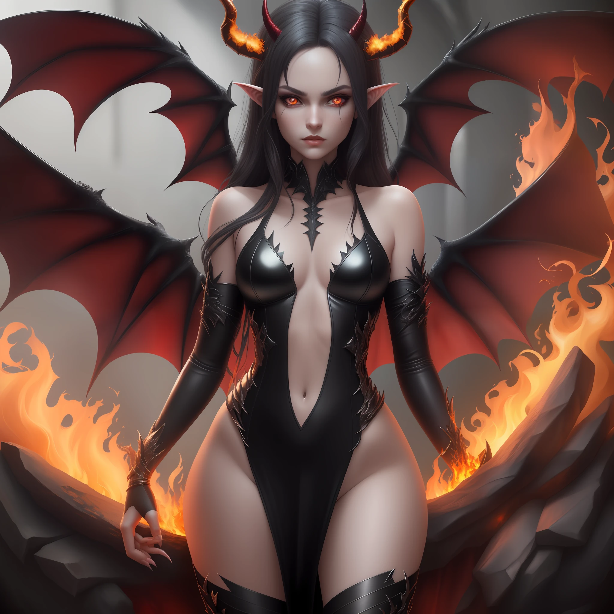 (extremely detailed CG unity 8k wallpaper,masterpiece, best quality, ultra-detailed), beautiful but dangerous, seductive Succubus, sultry eyes, [devil tail:1.2], [horn:Tiny Golden Horns:1.5], [wings: silk feather wings:1.3], [red skin:1.2], [sharp claws:1.2], [fire in the background:1.3], [texture: leather]:0.6.