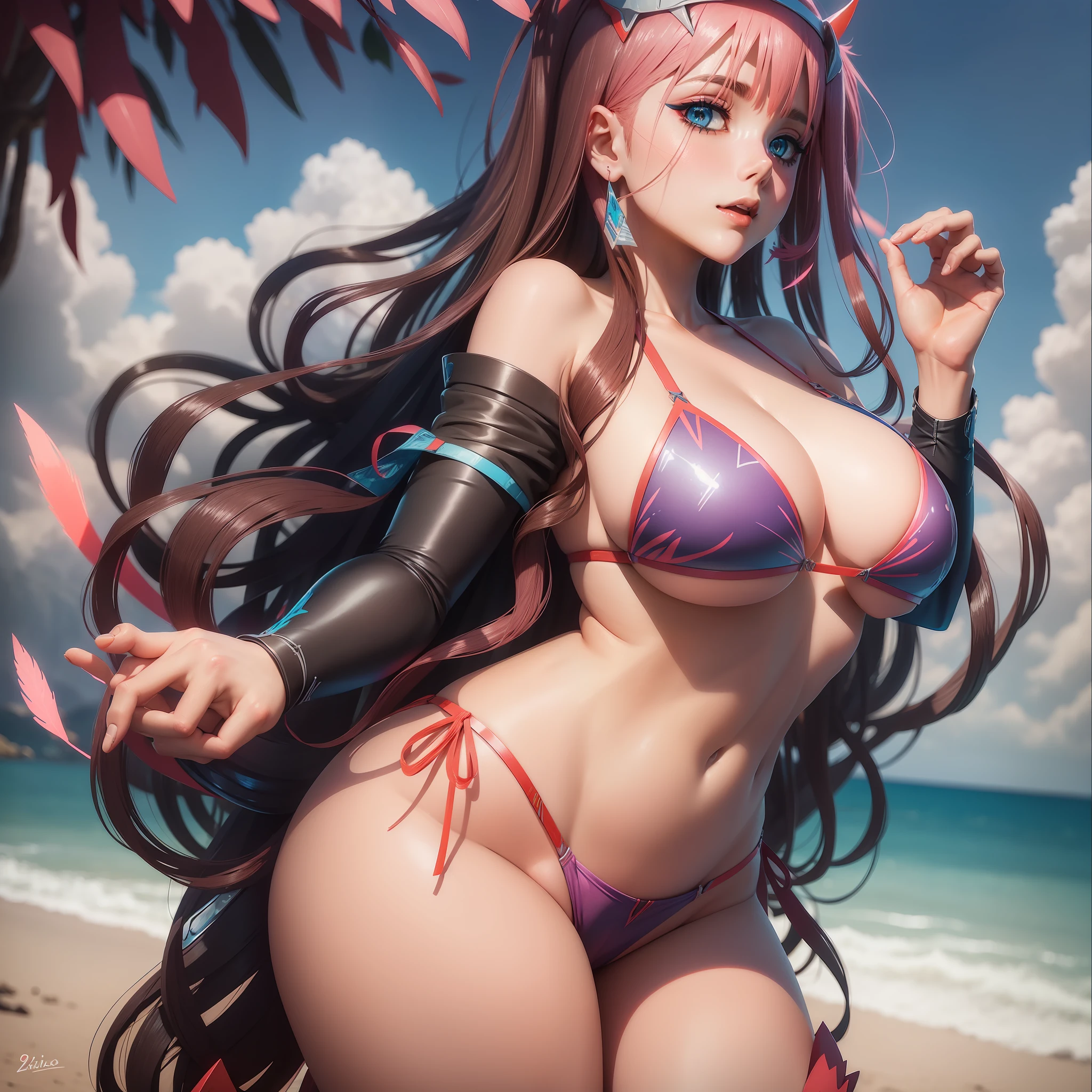 zero two, Darling in the Franxx, bikini azul, obra prima, peitos grandes, coxa grande, fico em detalhes