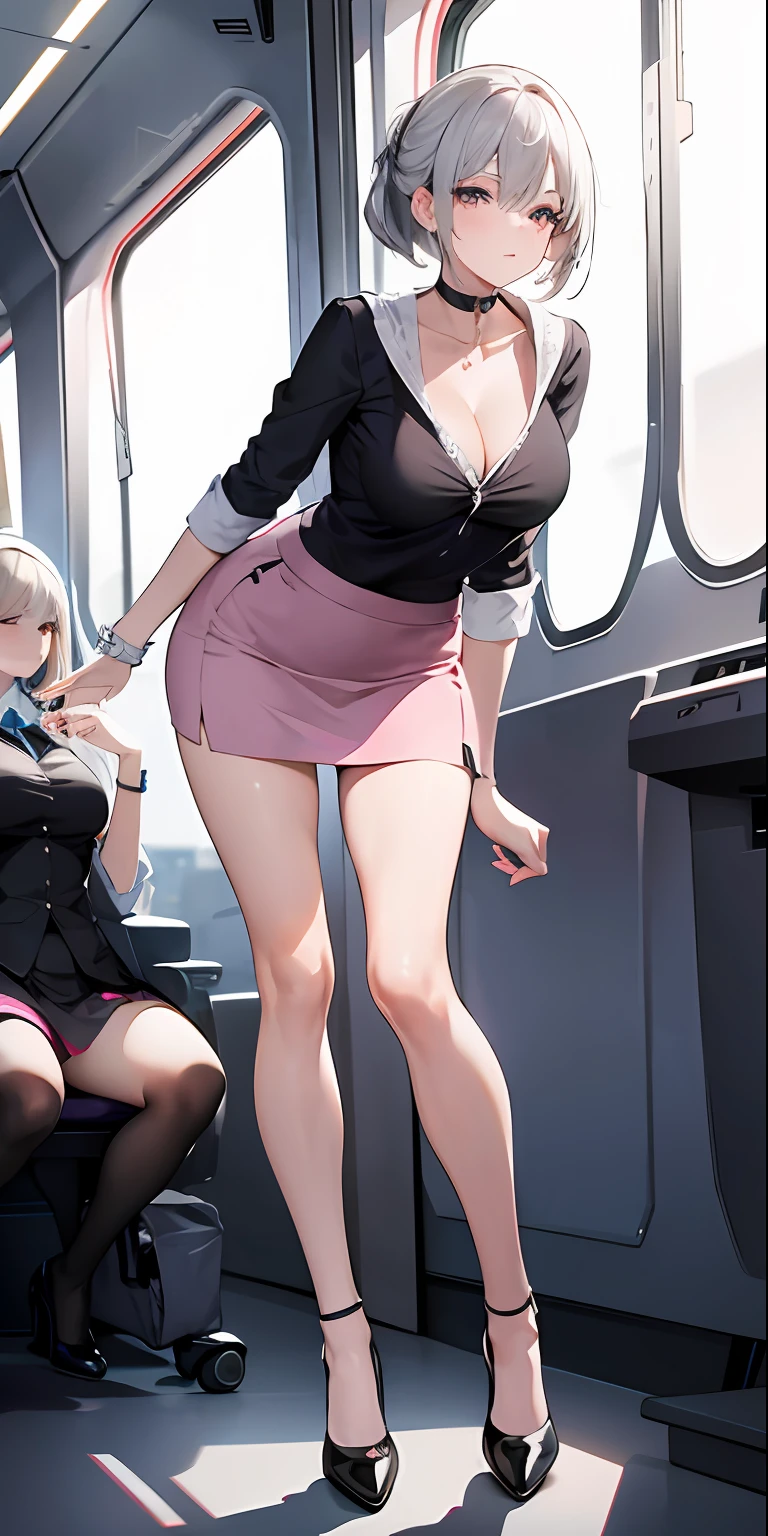 (masterpiece), best quality, perfect face, 1girl, mature woman, leaning forward, long grey hair, large breasts, hanging breasts, cleavage, narrow waist, ((stewardess)), ((ultra short skirt:1.2)), choker, very small shirt, pink skirt, ((mini tight skirt: 1.2)), full body, white high heels, garters, lace stockings,long and slender legs, beautiful legs,erotic