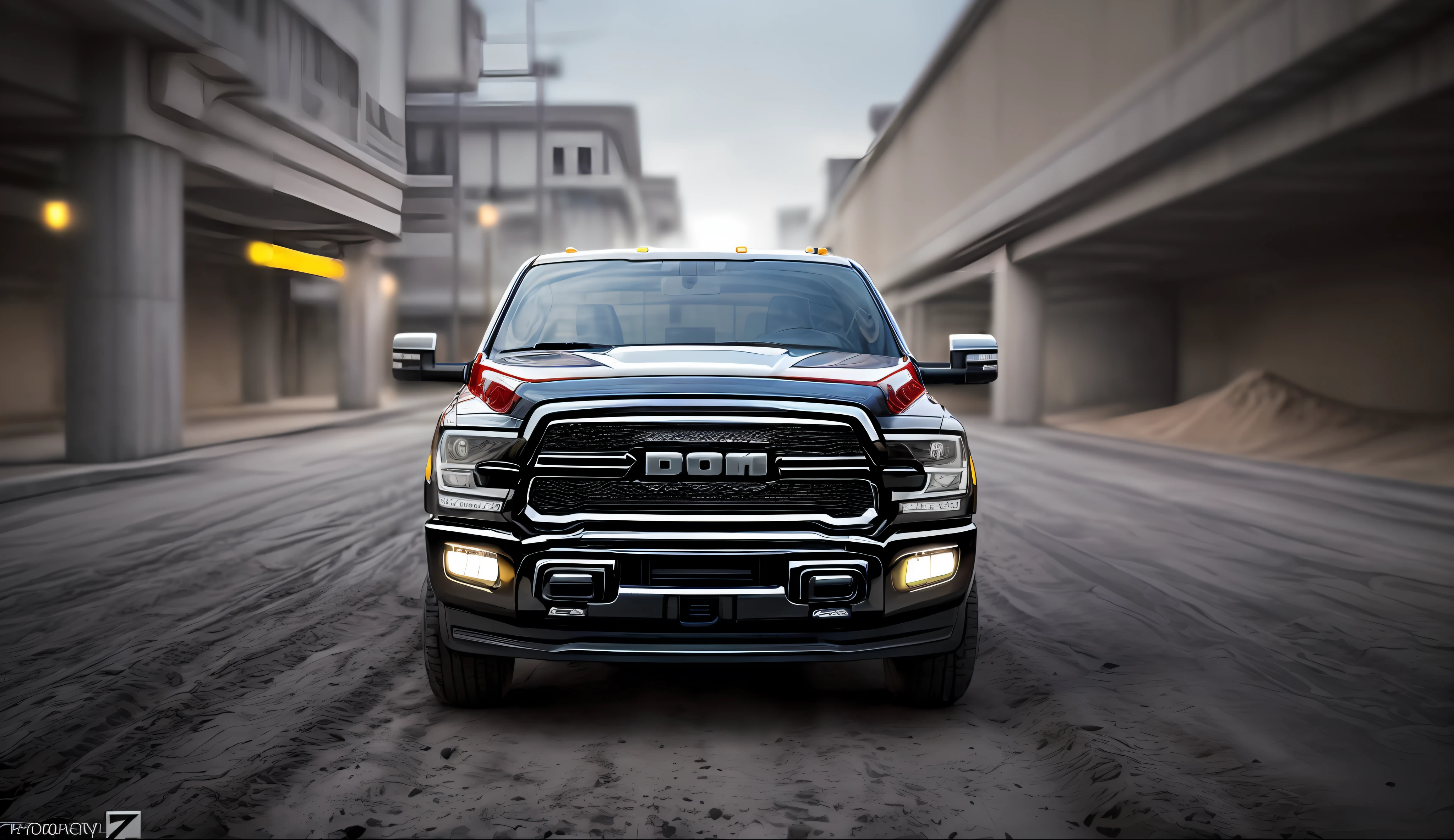 A picture of a lifted black dodge ram 3500 mega cab with 45“ mud tires, parked under a well lit parkade at night , shallow depth of field, cinematic light, soft light (RAW, analogue, Nikon Z 14mm ultra-wide angle lens, award-winning glamour photograph, ((best quality)), ((masterpiece)), ((realistic)), tessellation, ambient occlusion, ray-tracing, subsurface scattering, radiant light rays, high-res, detailed facial features, high detail, sharp focus, aesthetic, extremely detailed, extremely, octane render, photorealistic, realistic, post-processing, max detail, realistic shadows, roughness, real life, ultra-realistic, photorealism, photography, 8k UHD, photography, intricate, highly detailed, sharp focus, stunning, 8k, intricate, highly detailed, majestic, digital photography, (masterpiece, sidelighting, finely detailed, 85mm,