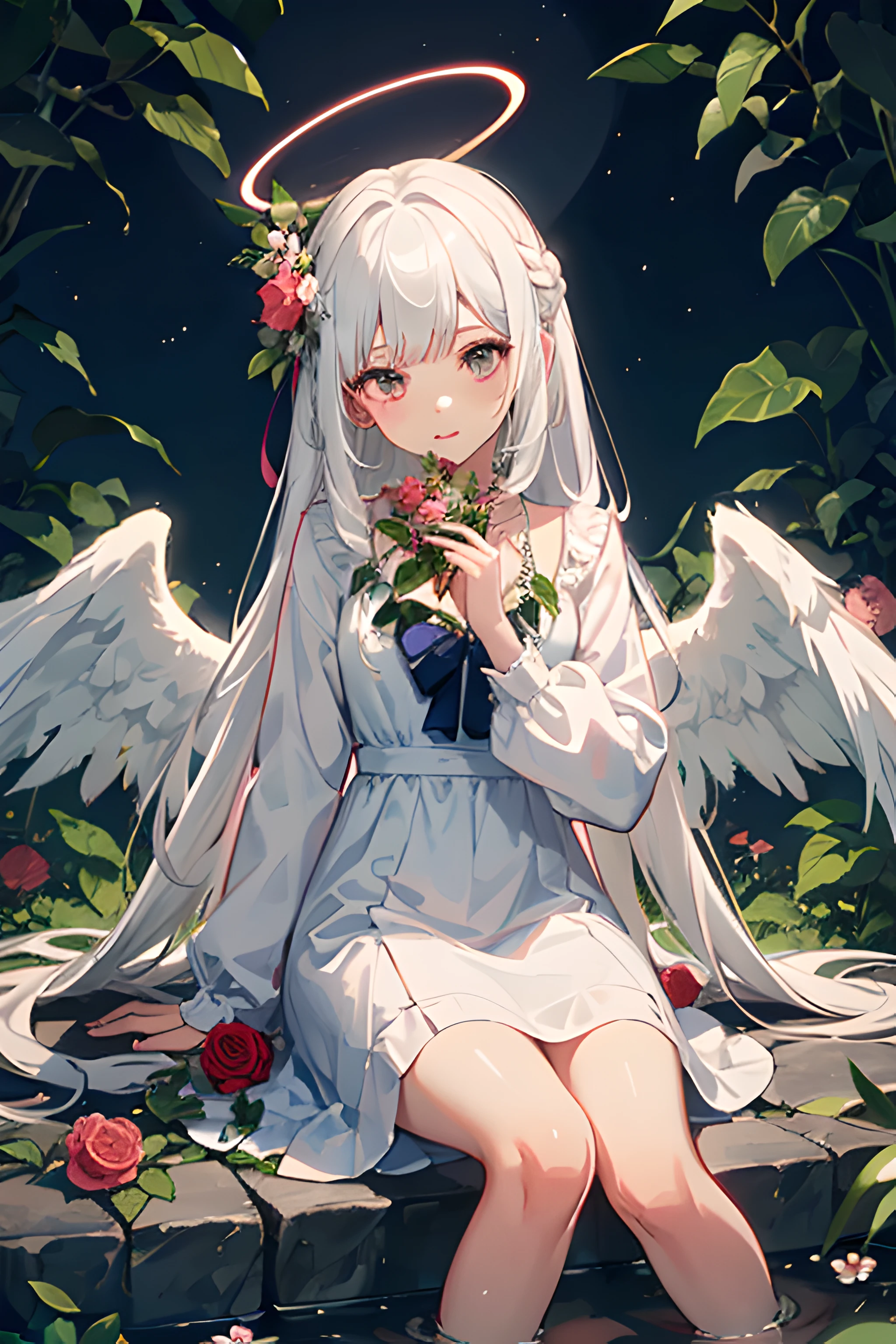1girll, flower, Solo,Halo, Long hair, Wings, White hair, pink flower, Sitting, flor branca, angel, water, Rose, Long sleeves, Red flower, dress, head rest, Angel wings, Feathered wings, Closed mouth, Pink rose, blueflower, bangs, White dress, plant