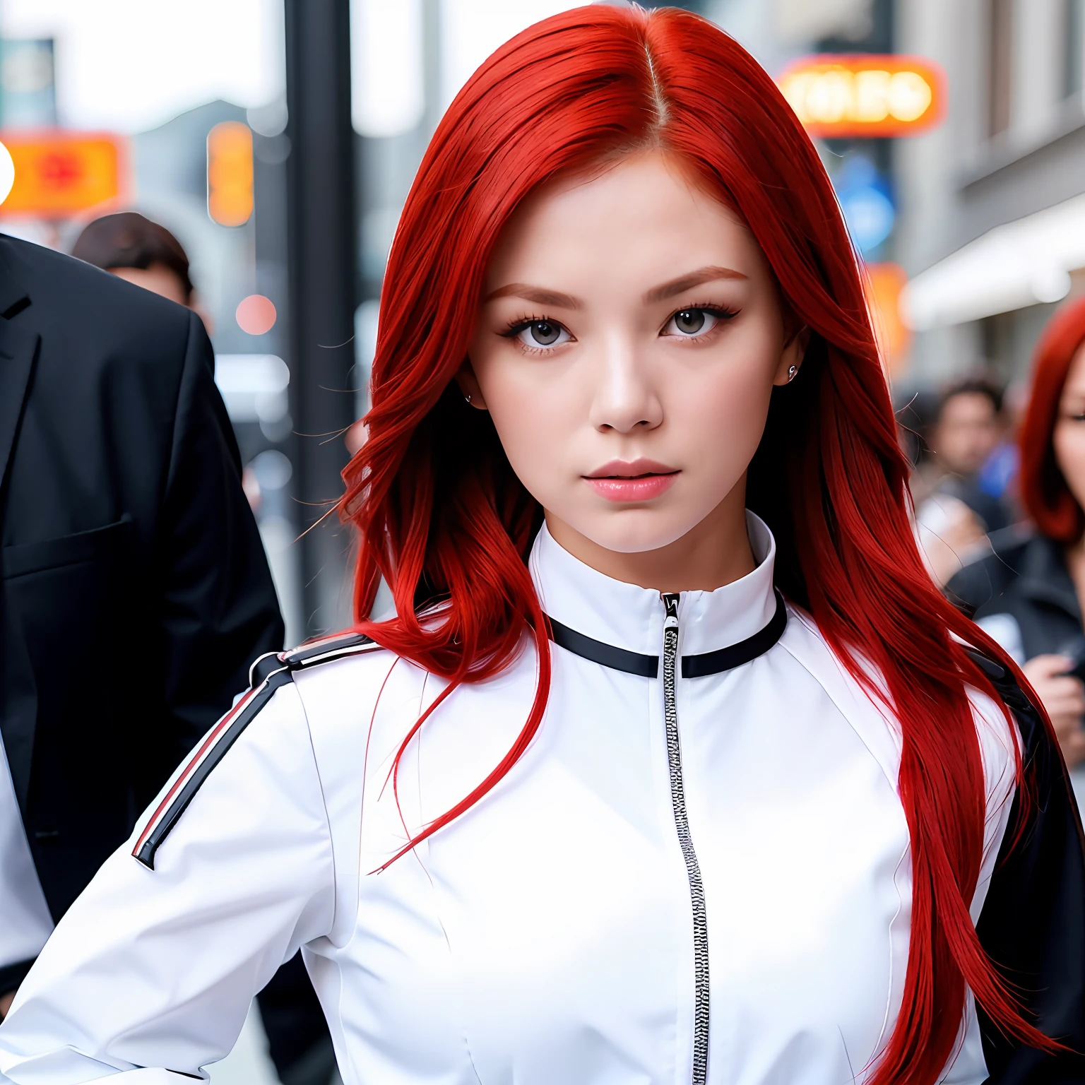 a beautiful woman with red hair red eyes her outfit is a white sleeve suit fulfilled her collar goes up to her neck with a zipper in the middle --auto