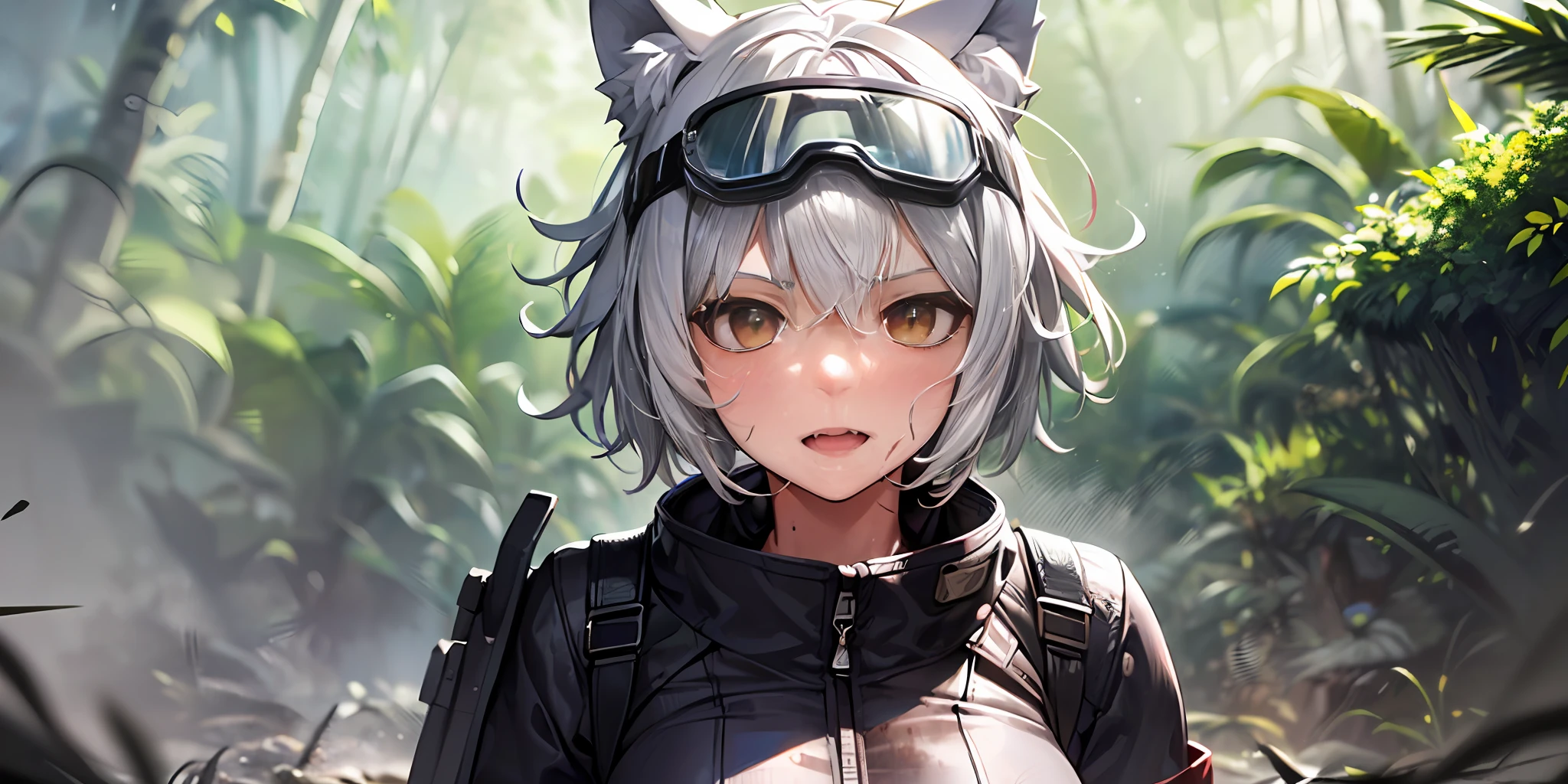 1girl, solo, wolf girl, wolf ears, (short hair, silver hair, messy hair:1.2), skin fang, (pilot suit, ripped clothing, goggle on head, get dirty all over:1.15), fighting stance, afraid, tropical rainforest, a crashed plane, the crashed plane was emitting black smoke