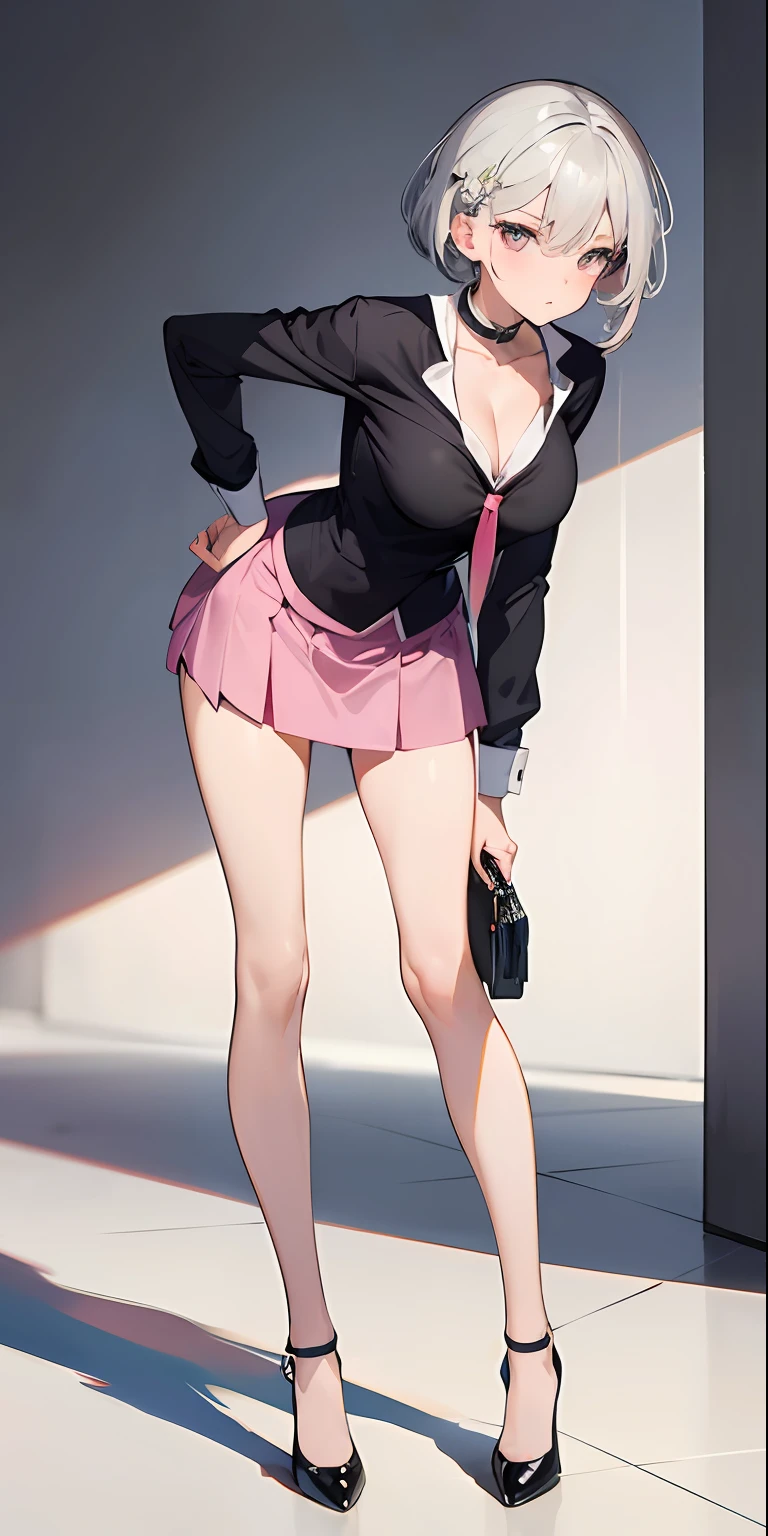 (masterpiece), best quality, perfect face, 1girl, mature woman, leaning forward, long grey hair, large breasts, hanging breasts, cleavage, narrow waist, ((stewardess)), ((ultra short skirt:1.2)), choker, very small shirt, pink skirt, ((mini tight skirt: 1.2)), full body, white high heels, garters, lace stockings,long and slender legs, beautiful legs,erotic