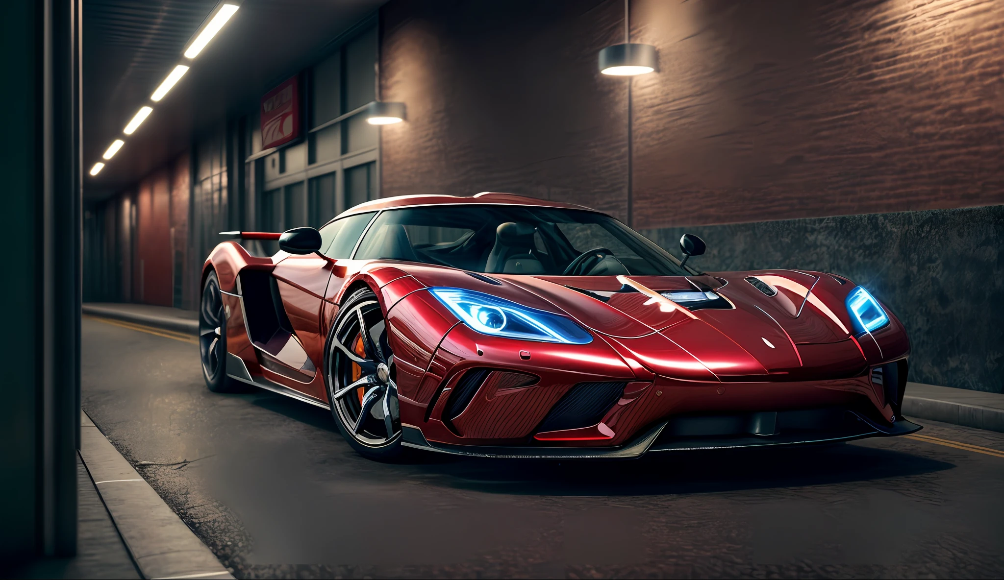 A picture of a koenigsegg parked under a well lit parkade at night , shallow depth of field, cinematic light, soft light (RAW, analogue, Nikon Z 14mm ultra-wide angle lens, award-winning glamour photograph, ((best quality)), ((masterpiece)), ((realistic)), tessellation, ambient occlusion, ray-tracing, subsurface scattering, radiant light rays, high-res, detailed facial features, high detail, sharp focus, aesthetic, extremely detailed, extremely, octane render, photorealistic, realistic, post-processing, max detail, realistic shadows, roughness, real life, ultra-realistic, photorealism, photography, 8k UHD, photography, intricate, highly detailed, sharp focus, stunning, 8k, intricate, highly detailed, majestic, digital photography, (masterpiece, sidelighting, finely detailed, wide angle camera,