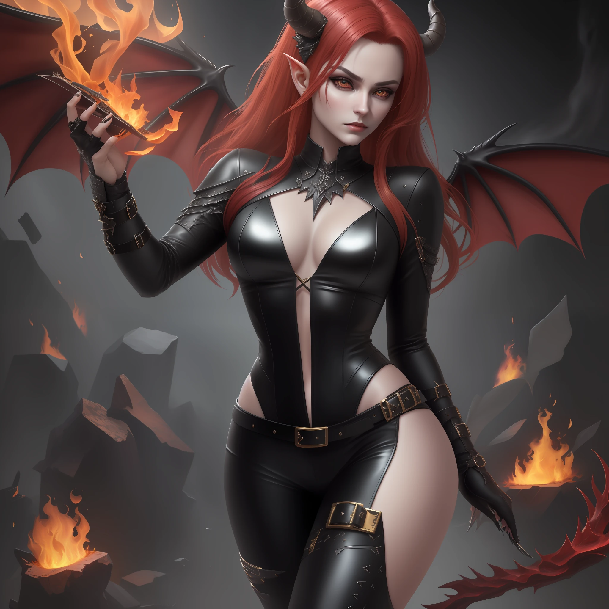 (extremely detailed CG unity 8k wallpaper,masterpiece, best quality, ultra-detailed), beautiful but dangerous, seductive Succubus, sultry eyes, [devil tail:1.2], [horn:Tiny Golden Horns:1.5], [wings: silk feather wings:1.3], sexy leather clothes with many buckles and belts, [red skin:1.2], [sharp claws:1.2], [fire in the background:1.3], [texture: leather]:0.6.