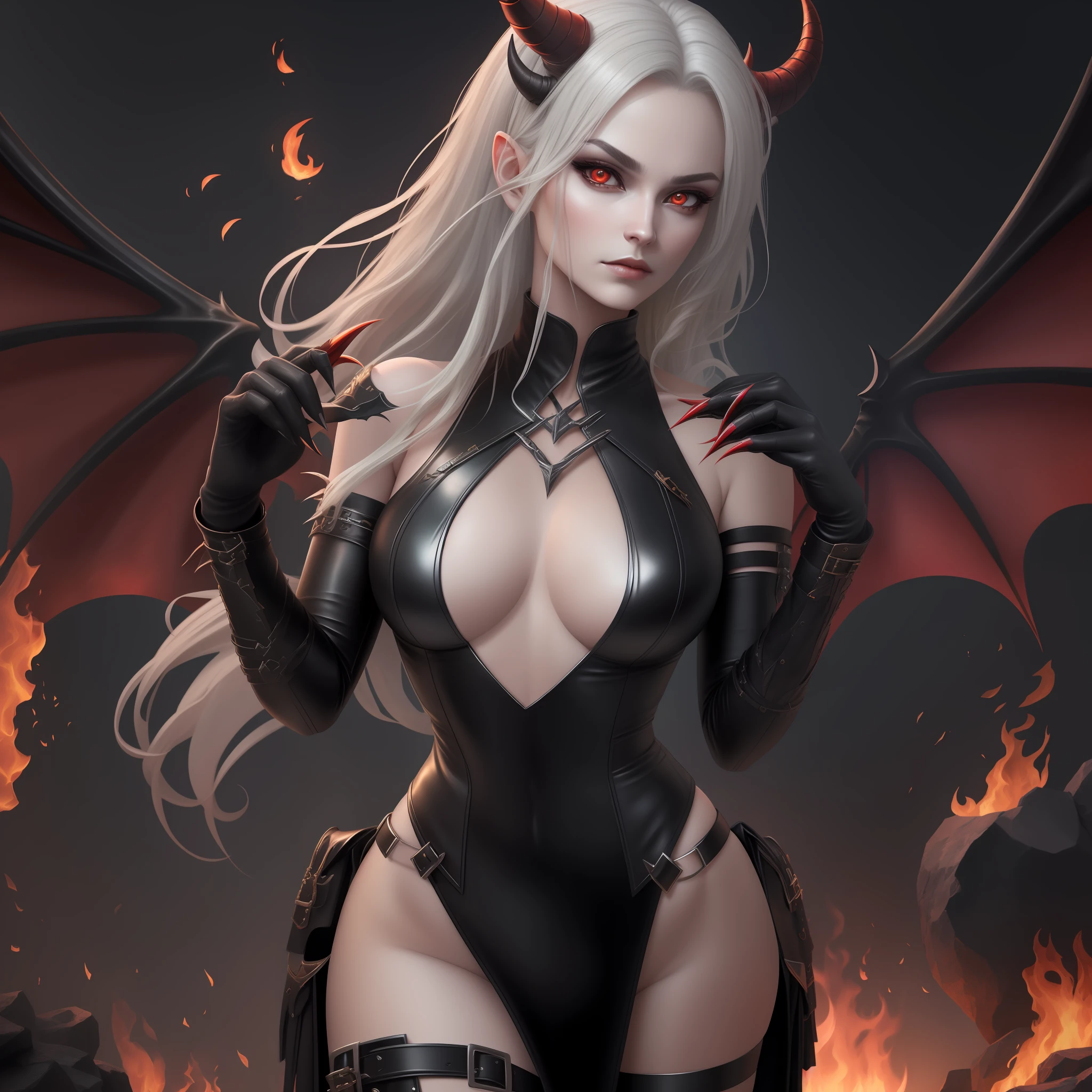 (extremely detailed CG unity 8k wallpaper,masterpiece, best quality, ultra-detailed), beautiful but dangerous, seductive Succubus, sultry eyes, [devil tail:1.2], [horn:Tiny Golden Horns:1.5], [wings: silk feather wings:1.3], sexy leather clothes with many buckles and belts, [red skin:1.2], [sharp claws:1.2], [fire in the background:1.3], [texture: leather]:0.6.