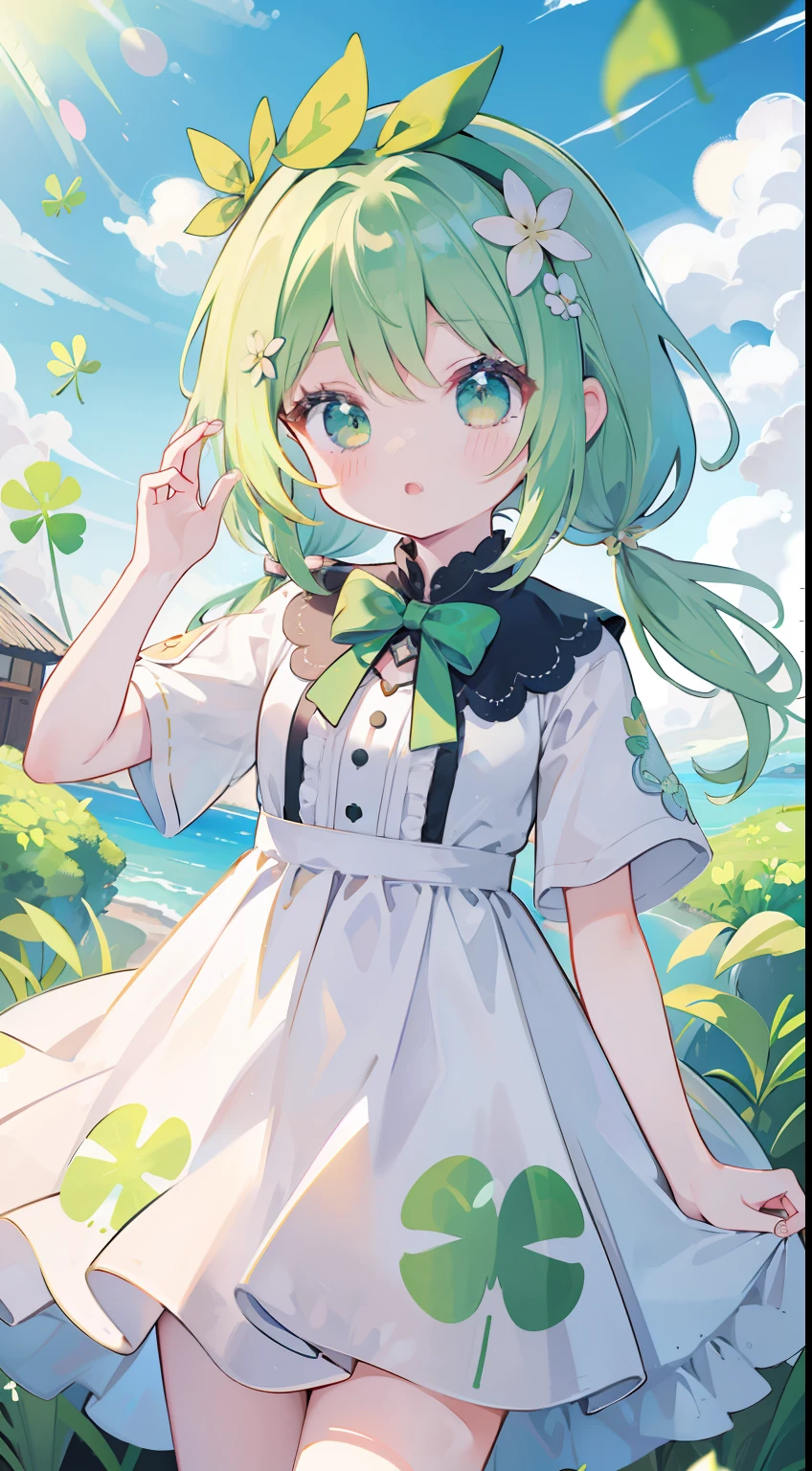 One girl、Yellow-green hair、low twintails、masterpiece、top-quality、Top image quality、cute little、sano、Short sleeve dresses、summer dress、Ribbon on the back、four leaf clovers、Wearing clover on the head、