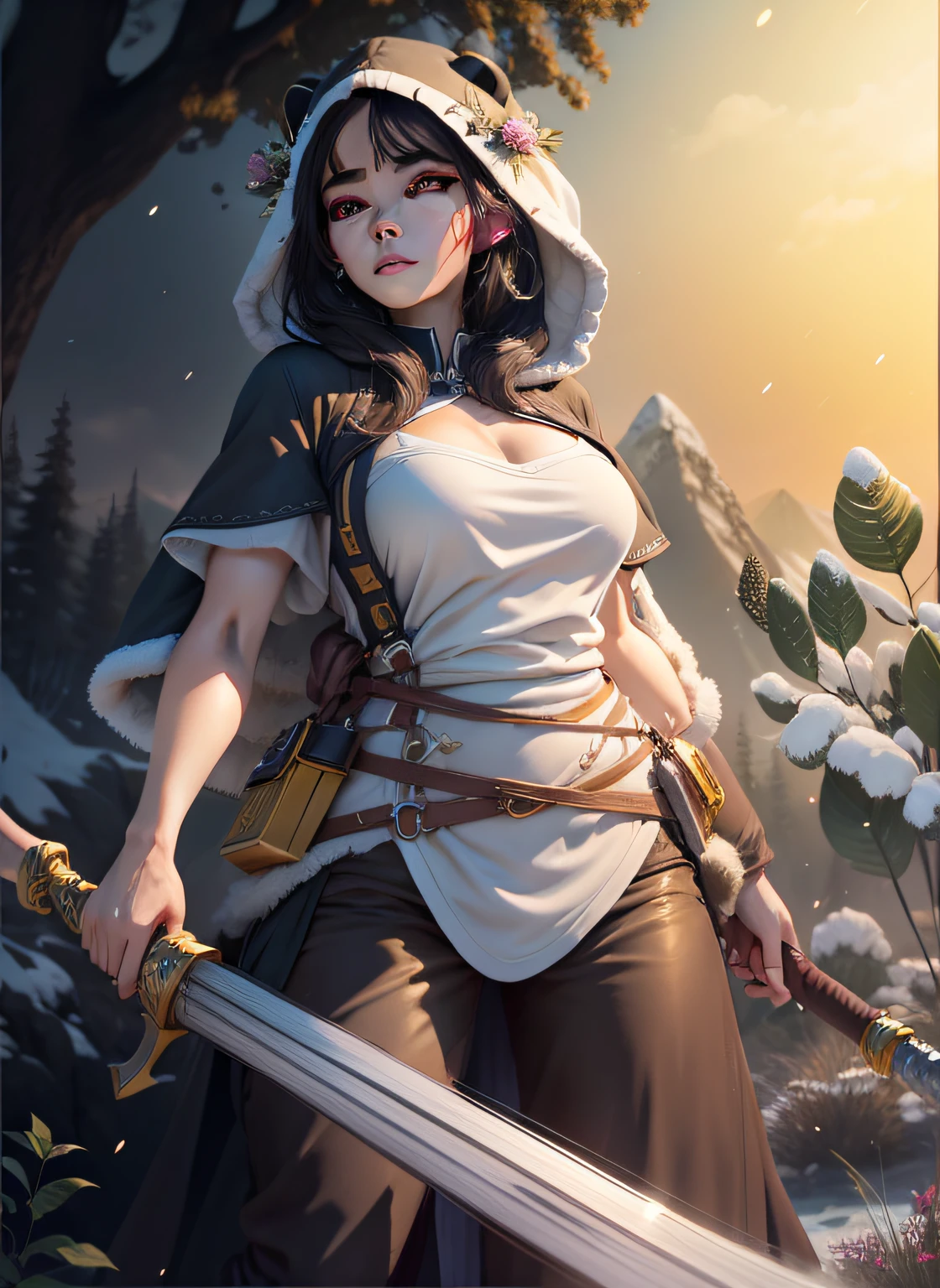 beautiful woman facing the camera black hair asian eyes, wearing a black and white panda hood holding a gleaming sword silver and gold Masterpiece, best quality, high quality, highly detailed CG unity 8k wallpaper beautiful landscape oil painting, award winning photography, bokeh, depth of field, HDR, bloom, chromatic aberration, photorealism, highly detailed, trending on artstation, on CGsociety Trending, intricate, high detail, dramatic, midjourney art and masterpiece, best quality, high quality, extremely detailed CG unity 8k wallpaper lush summer landscape with rolling green hills stretching towards the horizon, dotted with pink, yellow wildflowers, and purples, volumetric lighting and masterpiece, best quality, high quality, extremely detailed CG unity 8k wallpapers serene autumn landscape surrounded by trees in shades of golden yellow, fiery red and burnt orange. The crisp air is laced with the sweet aroma of fallen leaves and wood smoke. The ground is covered with a golden foliage that rustles underfoot. In the distance a golden mountain rises, volumetric lighting and a masterpiece, best quality, high quality, extremely detailed CG unity 8k wallpaper breathtaking winter landscape covered in a golden mantle creating a glittering A world of glowing white and gold. Tall evergreen trees are tall and proud, their branches are crushed by heavy snow, volumetric lighting and masterpiece, best quality, high quality, extremely detailed CG unity 8k wallpaper a vibrant spring landscape full of new life and colors. Rolling hills covered in a green carpet, dotted with delicate wildflowers in shades of pink, purple and yellow, stereoscopic lighting --auto