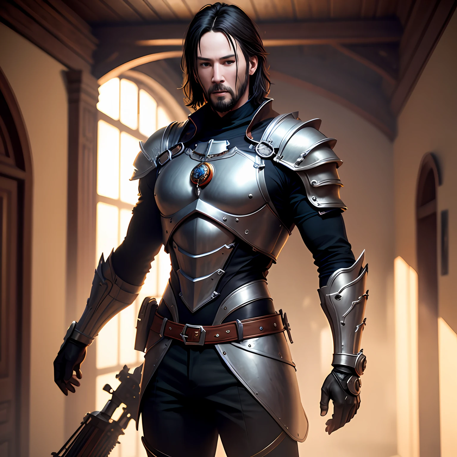 Keanu Reeves, Adornado con armadura medieval negra con detalles esmeralda, 1hombre, (cuerpo completo: 1.3), 12k, a high definition, Kinematic, Ganador del concurso Behance, Destacado en Unsplash, Arte digital estilizado, Suave, ultra-high def, 8k, Motor Unreal 5, Ultra Sharp Focus, Obra maestra de arte intrincada, Arte digital 3D de alta calidad