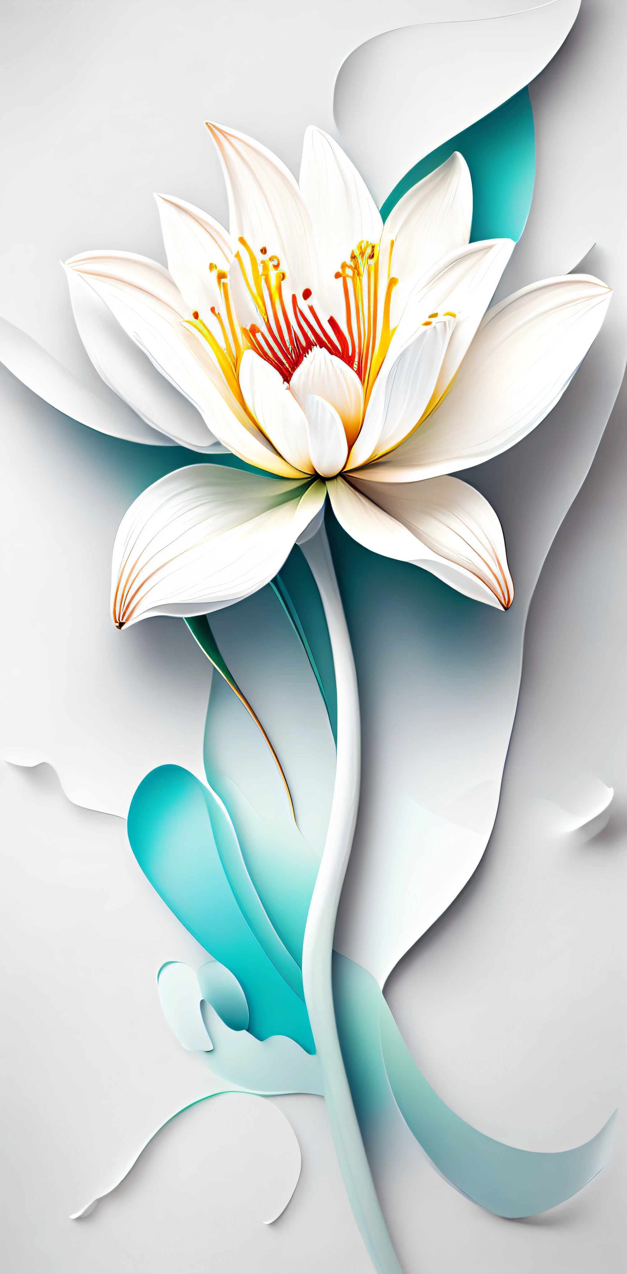 Abstract white lily flower, papel de parede, estilo de design plano, splashed water, colorido, intrincado