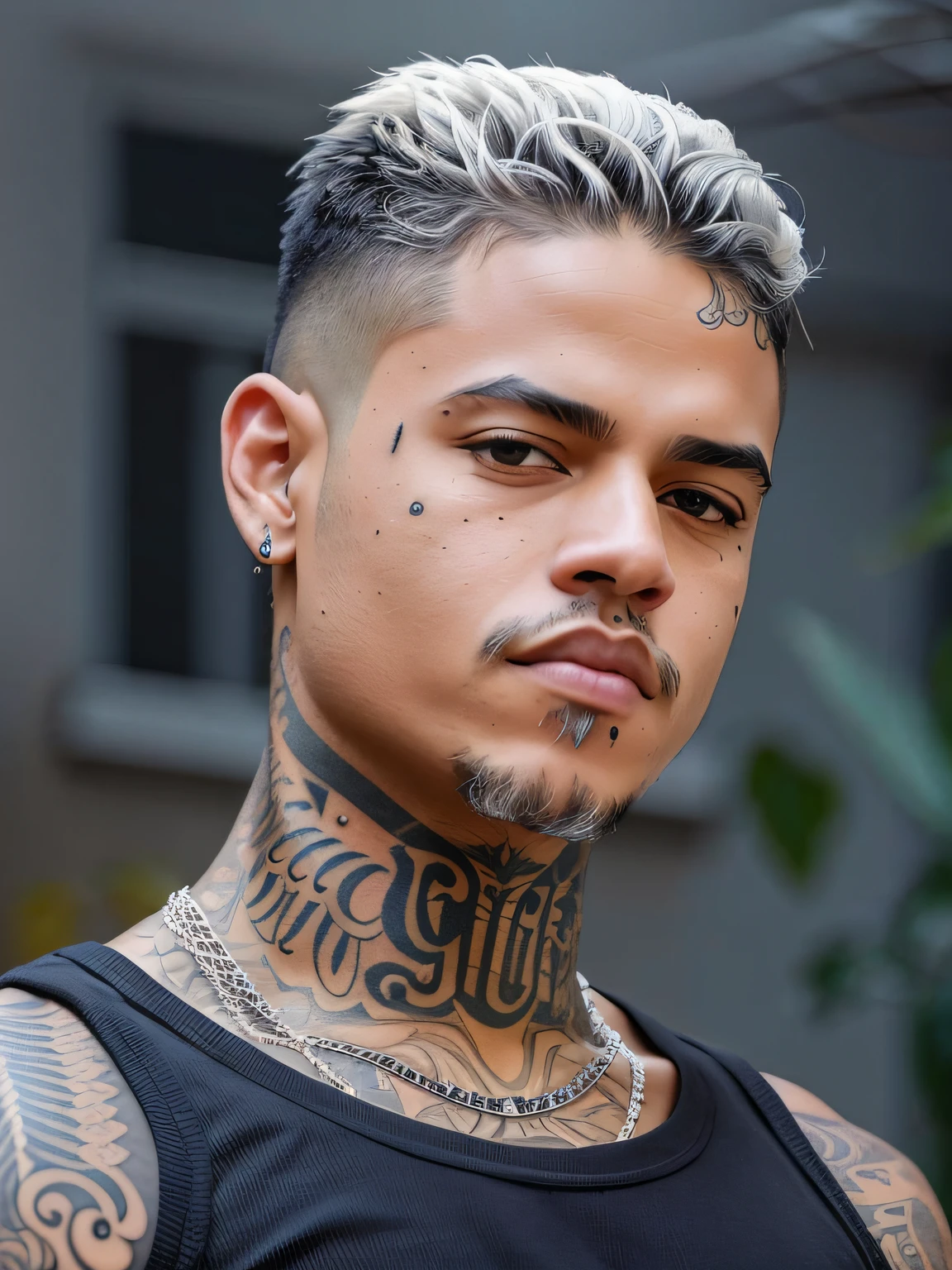 Man with a tattoo on his chest and neck, xxxtentacion, Estilo de Seb McKinnon, homem tatuado, taken in the early 2020s, com tatuagens de runa no rosto, com tatuagem facial, Usando tatuagens shipibo, com tatuagens, Joel Torres, inspirado em Randy Vargas, Tony Sandoval, Tony Sandoval. 8 k realista