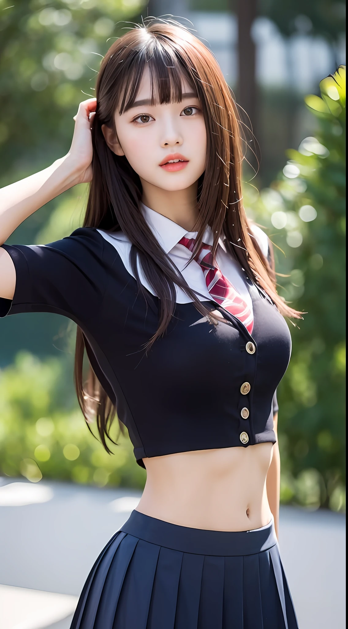 beste-Qualit、masterpiece、1 、A slender、length hair、small tits、Summer uniform、hyperdetailed face、Detailed eye、二重まぶた、Line Pleated Skirt、full bodyesbian、without background、Beautiful abs