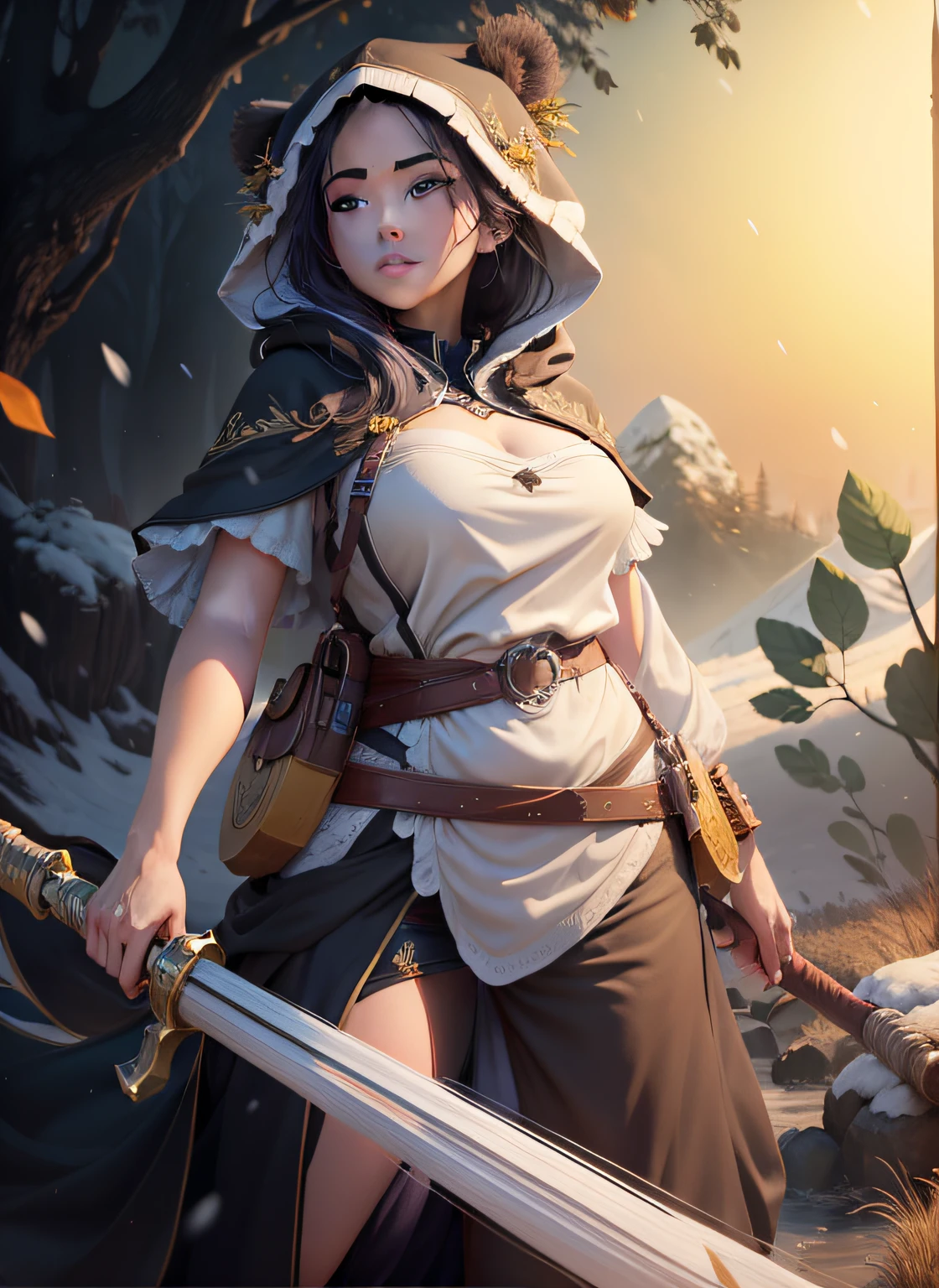beautiful woman facing the camera black hair asian eyes, wearing a black and white panda hood holding a gleaming sword silver and gold Masterpiece, best quality, high quality, highly detailed CG unity 8k wallpaper beautiful landscape oil painting, award winning photography, bokeh, depth of field, HDR, bloom, chromatic aberration, photorealism, highly detailed, trending on artstation, on CGsociety Trending, intricate, high detail, dramatic, midjourney art and masterpiece, best quality, high quality, extremely detailed CG unity 8k wallpaper lush summer landscape with rolling green hills stretching towards the horizon, dotted with pink, yellow wildflowers, and purples, volumetric lighting and masterpiece, best quality, high quality, extremely detailed CG unity 8k wallpapers serene autumn landscape surrounded by trees in shades of golden yellow, fiery red and burnt orange. The crisp air is laced with the sweet aroma of fallen leaves and wood smoke. The ground is covered with a golden foliage that rustles underfoot. In the distance a golden mountain rises, volumetric lighting and a masterpiece, best quality, high quality, extremely detailed CG unity 8k wallpaper breathtaking winter landscape covered in a golden mantle creating a glittering A world of glowing white and gold. Tall evergreen trees are tall and proud, their branches are crushed by heavy snow, volumetric lighting and masterpiece, best quality, high quality, extremely detailed CG unity 8k wallpaper a vibrant spring landscape full of new life and colors. Rolling hills covered in a green carpet, dotted with delicate wildflowers in shades of pink, purple and yellow, stereoscopic lighting --auto