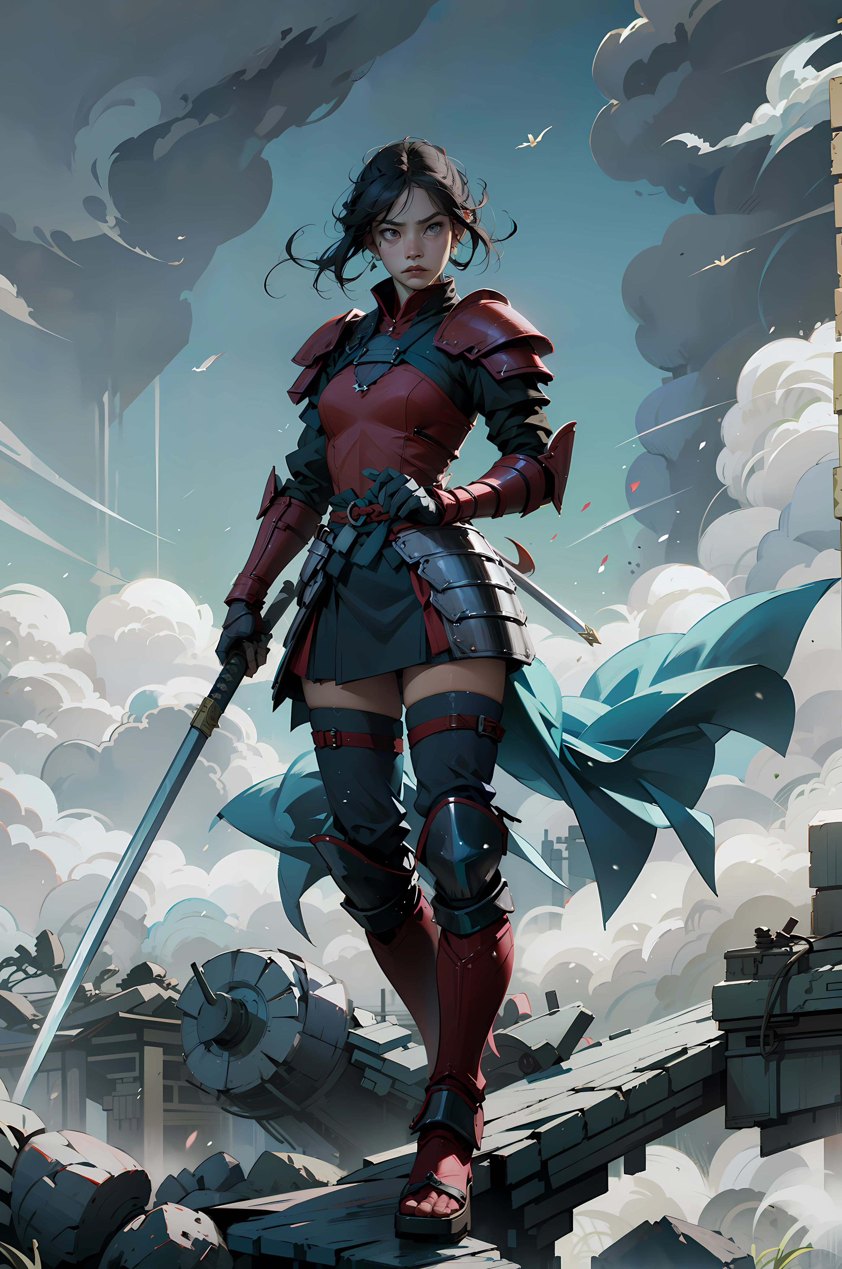 An ancient japanese female general with a sword in her hand, samurai , samurai girl, grim expression, full body, clear facial features, amazing facial features, red robe, armor, boots, game model, stunning lighting, C4D, OC rendering, movie edge light, delicate light, masterpiece, super detail, epic composition, super high-definition, high quality, highest quality, 32k