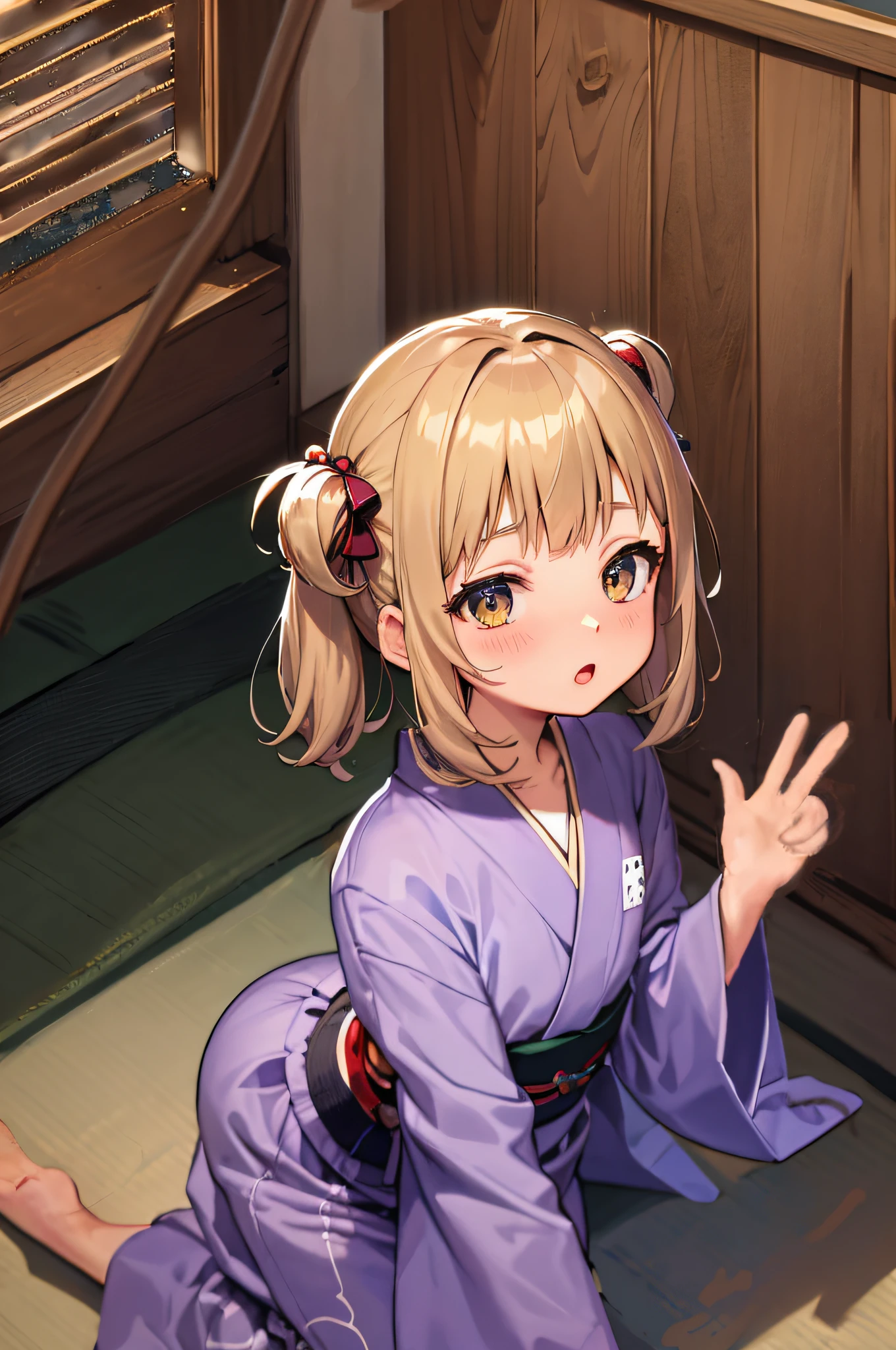Anime girl in purple kimono sitting on floor with hands raised, painted in anime painter studio, anime style 4 k, kawaii realistic portrait, digital anime illustration, anime moe art style, Detailed Digital Anime Art, Ayaka Genshin Impact, Smooth Anime CG Art, kawacy, splash art anime loli, anime style portrait, Cute anime girl