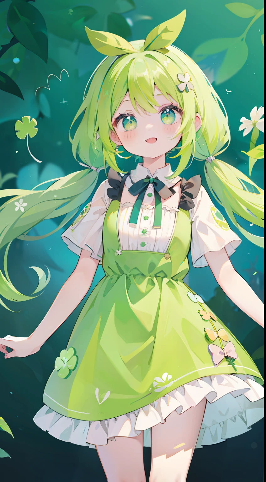 One girl、Yellow-green hair、low twintails、​masterpiece、top-quality、Top image quality、cute little、sano、Short sleeve dresses、summer  dress、Ribbon on the back、four leaf clovers、Wearing clover on the head、a smile
