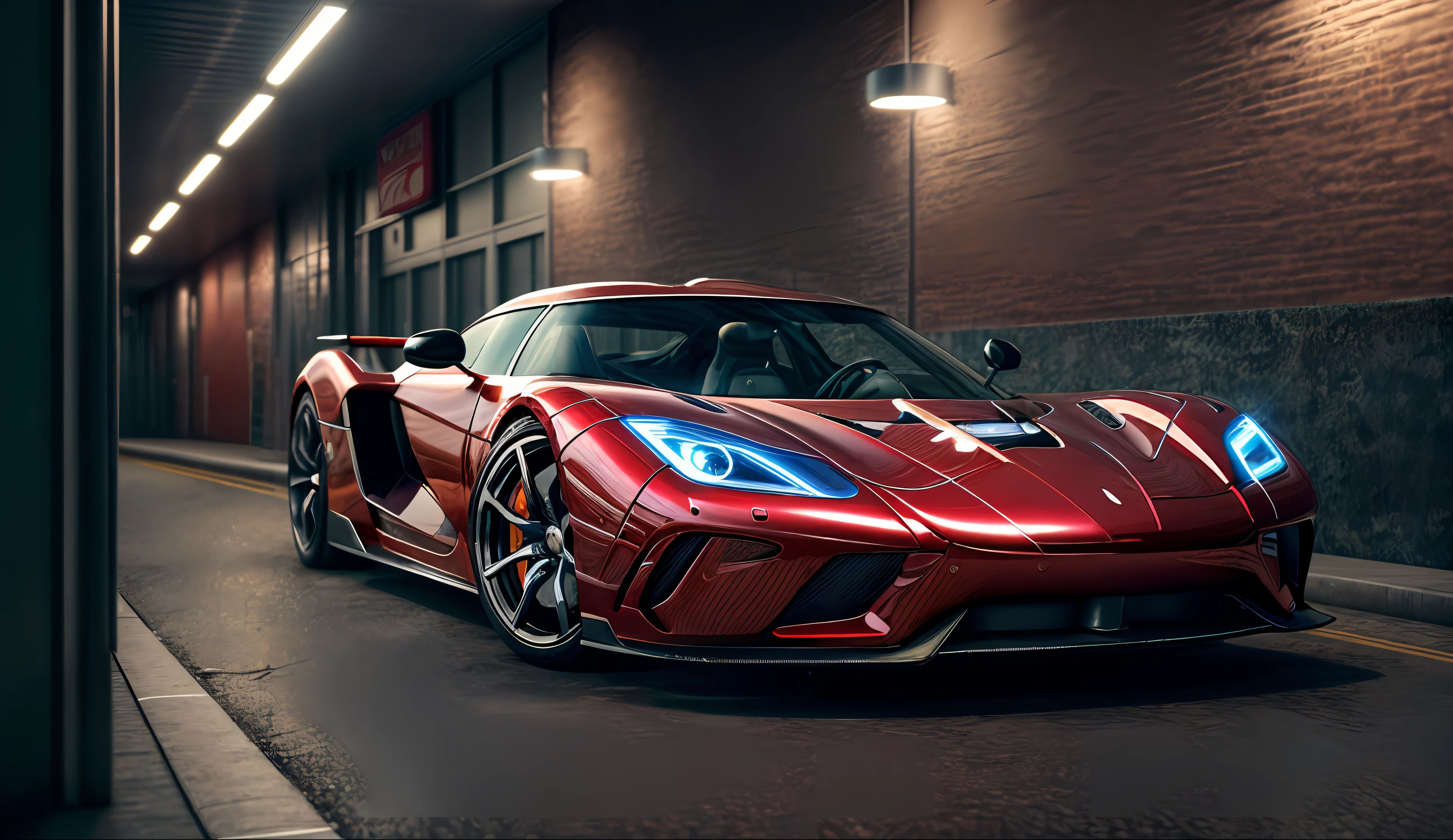 A picture of a koenigsegg parked under a well lit parkade at night , shallow depth of field, cinematic light, soft light (RAW, analogue, Nikon Z 14mm ultra-wide angle lens, award-winning glamour photograph, ((best quality)), ((masterpiece)), ((realistic)), tessellation, ambient occlusion, ray-tracing, subsurface scattering, radiant light rays, high-res, detailed facial features, high detail, sharp focus, aesthetic, extremely detailed, extremely, octane render, photorealistic, realistic, post-processing, max detail, realistic shadows, roughness, real life, ultra-realistic, photorealism, photography, 8k UHD, photography, intricate, highly detailed, sharp focus, stunning, 8k, intricate, highly detailed, majestic, digital photography, (masterpiece, sidelighting, finely detailed, wide angle camera,