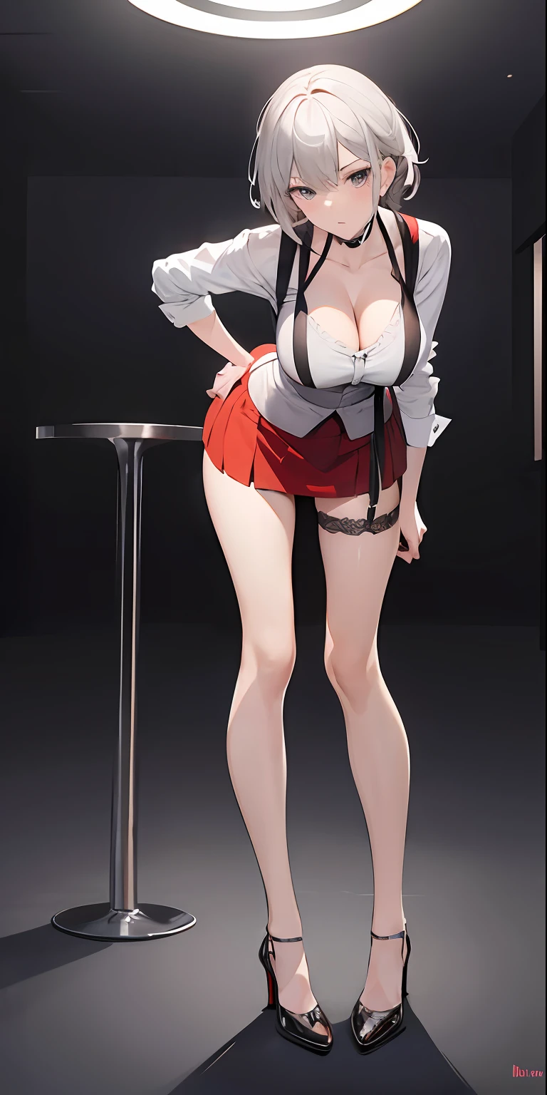 (masterpiece), best quality, perfect face, 1girl, mature woman, leaning forward, long grey hair, large breasts, hanging breasts, cleavage, narrow waist, ((stewardess)), ((ultra short skirt:1.2)), pencil skirt, choker, very small shirt, red skirt, ((mini tight skirt: 1.2)), full body, white high heels, garters, lace stockings,long and slender legs, beautiful legs,erotic