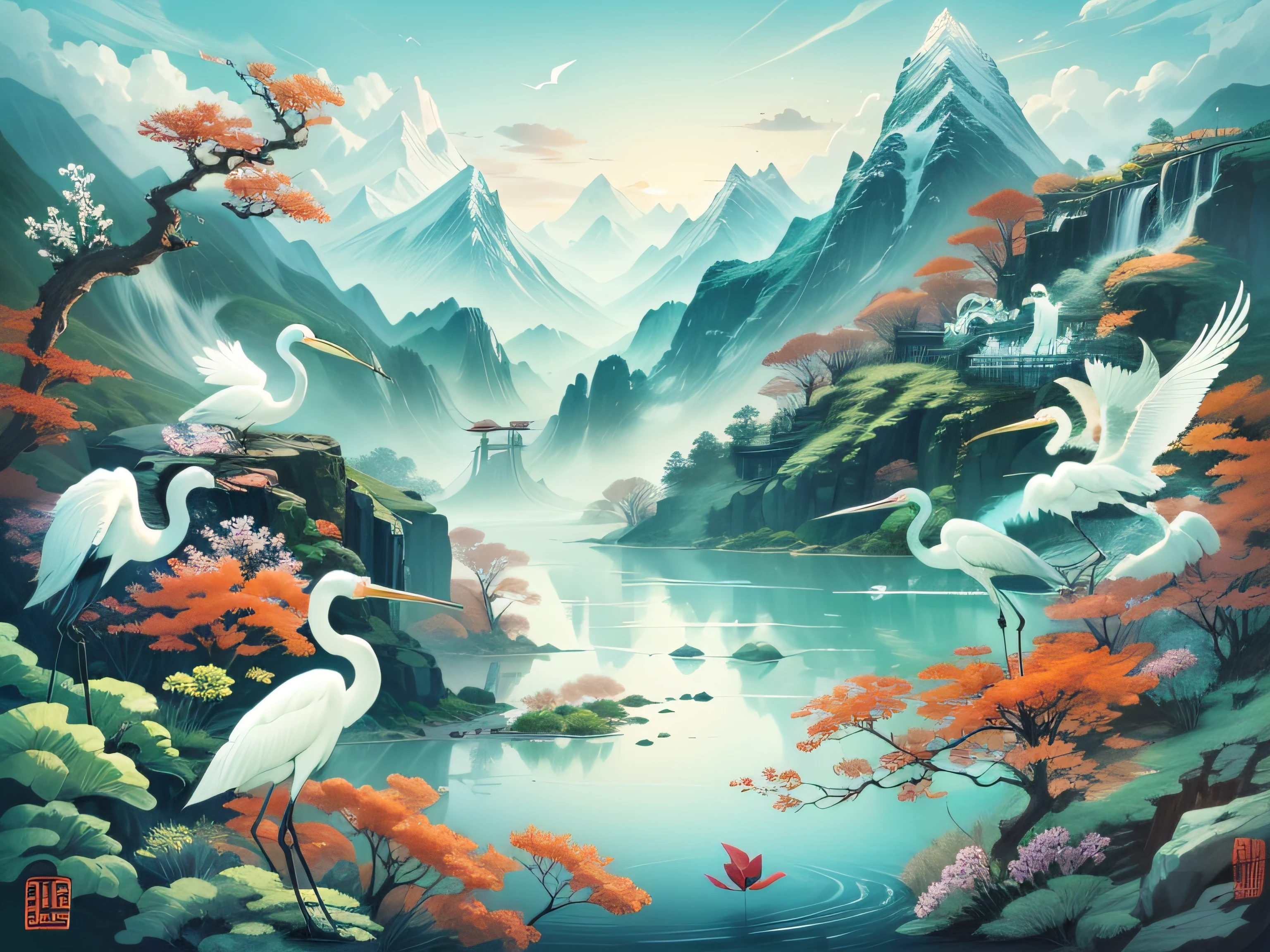 Three mountains and half a blue sky，Two waters divide the Egret Continent。Chinese style·