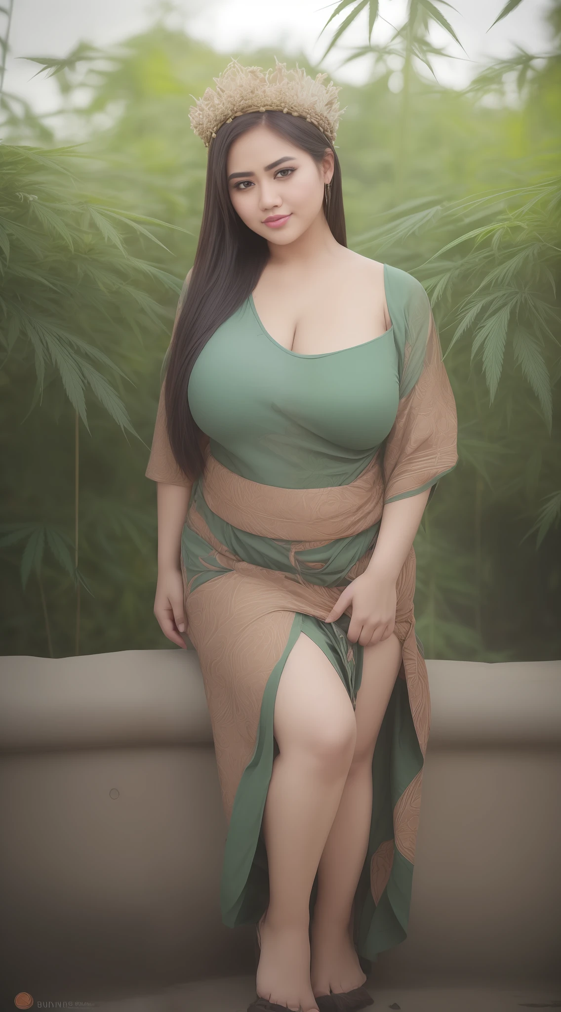 CG art of a beautiful Sundanese girl, 1girl, (29 yrs old), (Sundanese goddess:1.2), (Sundanese Goddess dress:1.2), (cannabis goddess:1.2), (marijuana goddess:1.2), (ganja goddess:1.2), (weed goddess:1.2), (hemp goddess:1.2), (ganja queen:1.2), (marijuana accessories:1.2), (((traditional Sundanese dress:1.3))), (marijuana leaf crown), cute girl, (busty body type), (curvy body type), (voluptuous body type), (thick body type), (chubby), (large breasts), (open breasts), sexy, exotic, erotic, (full body shot), (Sundanese art), (Sundanese culture), Sundanese Cannabis, 
glamour pose, smirk, eyebrow up, 
pastel color, calm tones, 35 mm,
detailed West Java beach Cannabis Park background