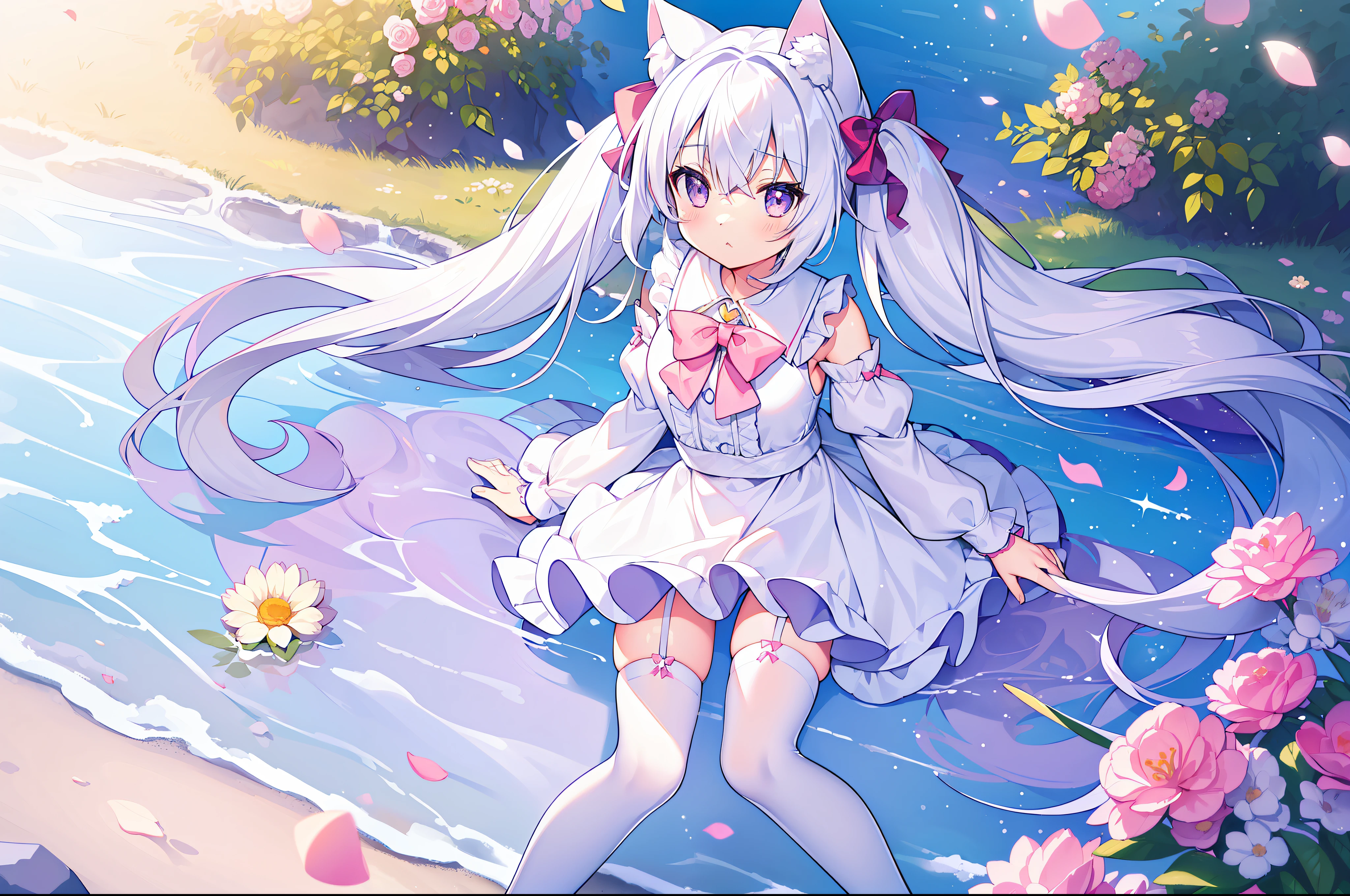(no shoe:1.3),[(white background:1.35)::0.25], (bottle bottom:0.9),mid shot, full body, flowers,floating petal,stone fragment, beautiful detailed water,cloud,sun,dusk,sunset,,(solo:1.2),(Masterpiece),(Best quality),(Extremely Detailed CG Unity 8k Wallpaper),(high resolution),(Best background details:1.26),(Best character details:1.36),(pastel (medium):1.35),sparkle,1girl,(white hair:1.2), grey eyes, cat ears, (cat girl:1.1), hair between eyes, ((low twintails)), long hair, hair ribbon, hair ornament, bowtie,fur-trimmed dress, ((white:1.2) thighhighs:1.3),, illustration, Accumulate, table, flower, bow, bangs, tree, frills, long sleeves, bowtie, pink flower, closed mouth, shirt, outdoors, pink bow, grass, yellow bow, saucer, [(floating island:1.2,cloud)::5],