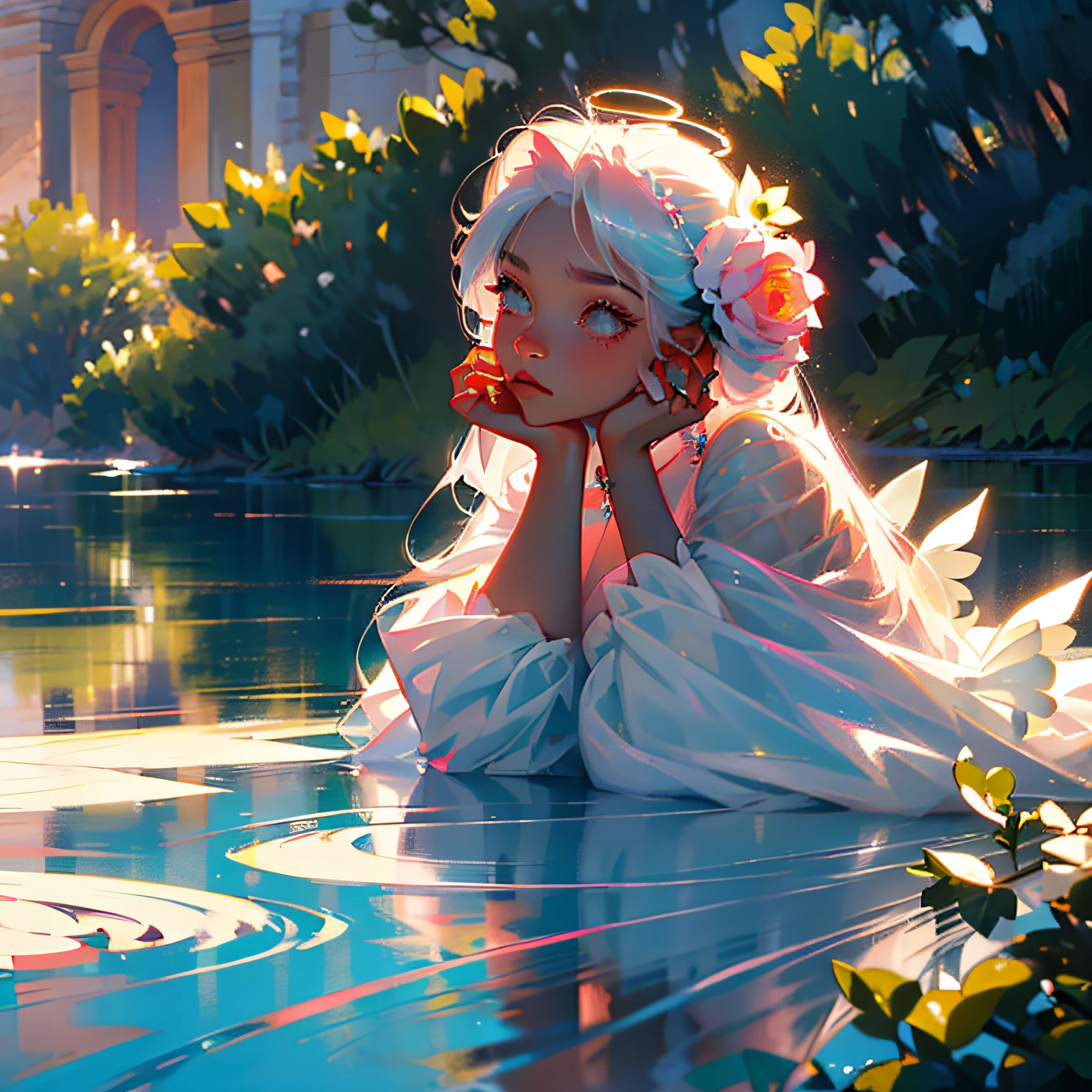 1girll, flower, Solo,Halo, Long hair, Wings, White hair, pink flower, Sitting, flor branca, angel, water, Rose, Long sleeves, Red flower, dress, head rest, Angel wings, Feathered wings, Closed mouth, Pink rose, blueflower, bangs, White dress, plant --auto