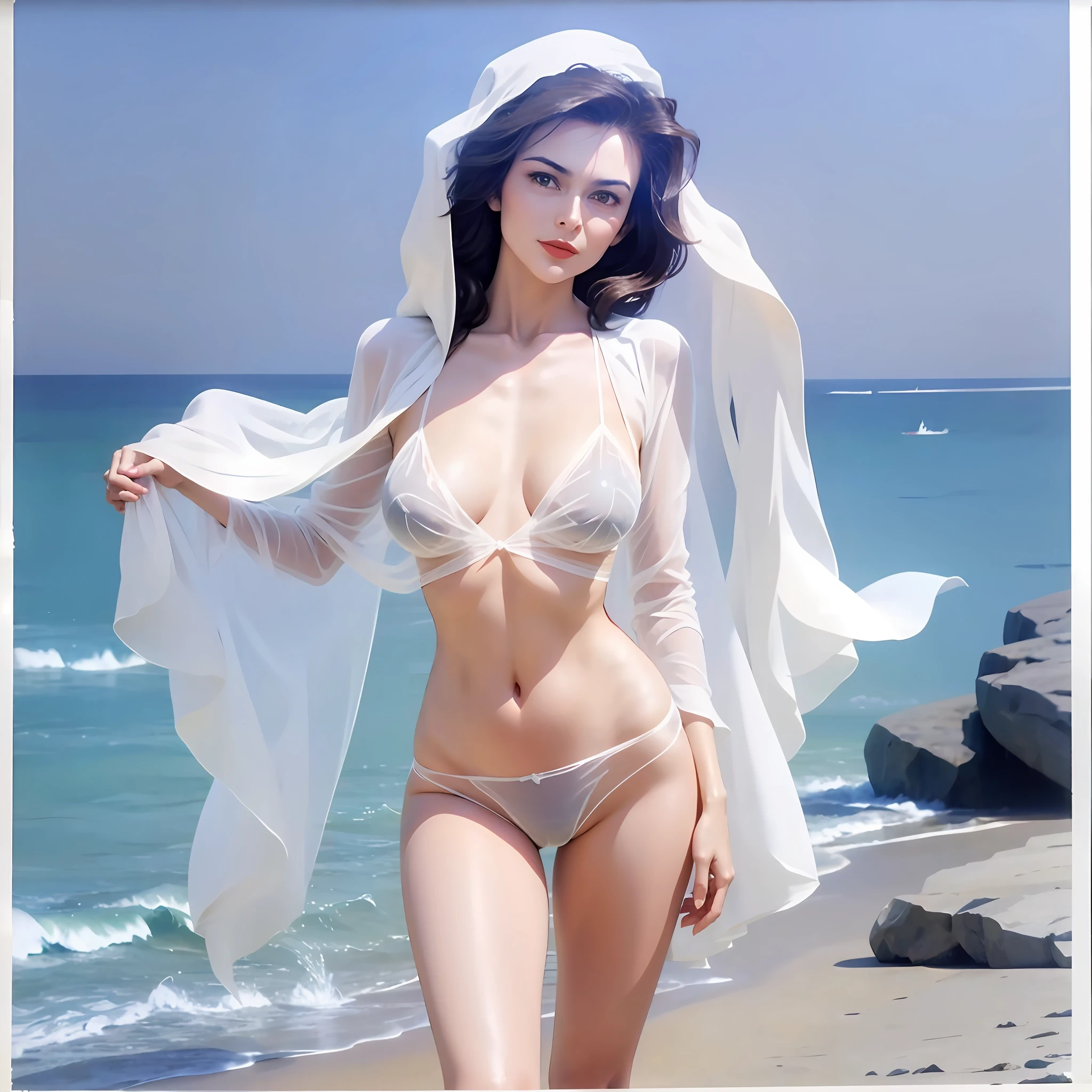 Woman on the beach in underwear, virilia aperta , seio levemente a mostra, roupa transparente, agachamento aperta --auto