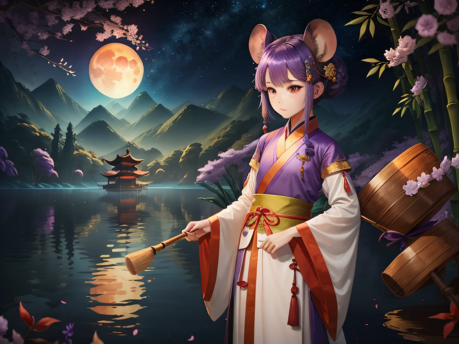 16K,HD,,Purple colored hair，，Purple gemstone-colored eyes，Mouse ears，15year old，175cm height，Thin stature，Wear lake green Chinese Han costume，Standing above the red eaves，A bright moon in the upper right corner is empty，There are several bamboo trees on the left，A breeze hits，Bamboo and Hanfu sway and float in the wind，It's dreamy，In the lower corner, write the "italics" in italics with a brush --auto