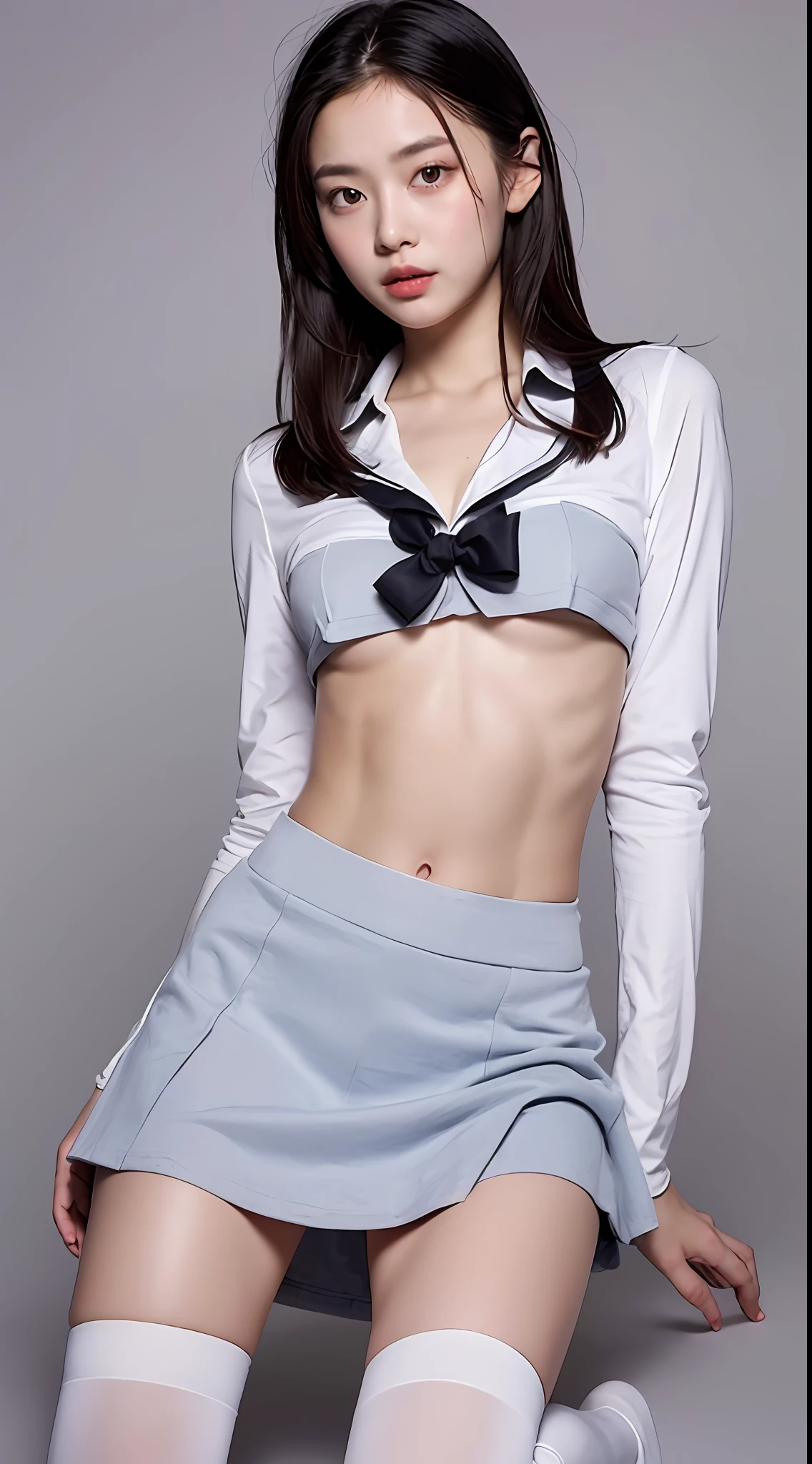 beste-Qualit、masterpiece、1 、A slender、length hair、small tits、Summer uniform、hyperdetailed face、Detailed eye、二重まぶた、pleatedskirt、full bodyesbian、without background、Beautiful abs、knee high socks