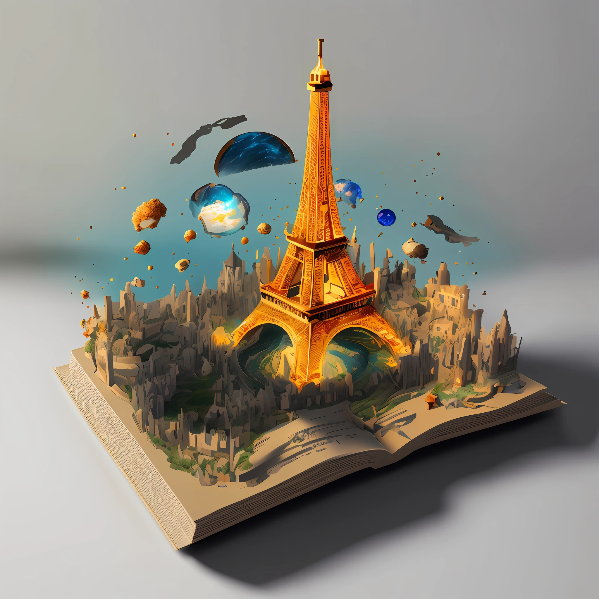 an open book with holograpic of the eiffel tower and a city in the middle, fantasy book illustration, 3 d illutration, 3 d epic illustrations, beautiful render of a fairytale, detailed book illustration, fantasy book, intricate 3 d illustration, borne space library artwork, storybook art, surreal 3 d render, magic book, open magic book glowing, ultra detail