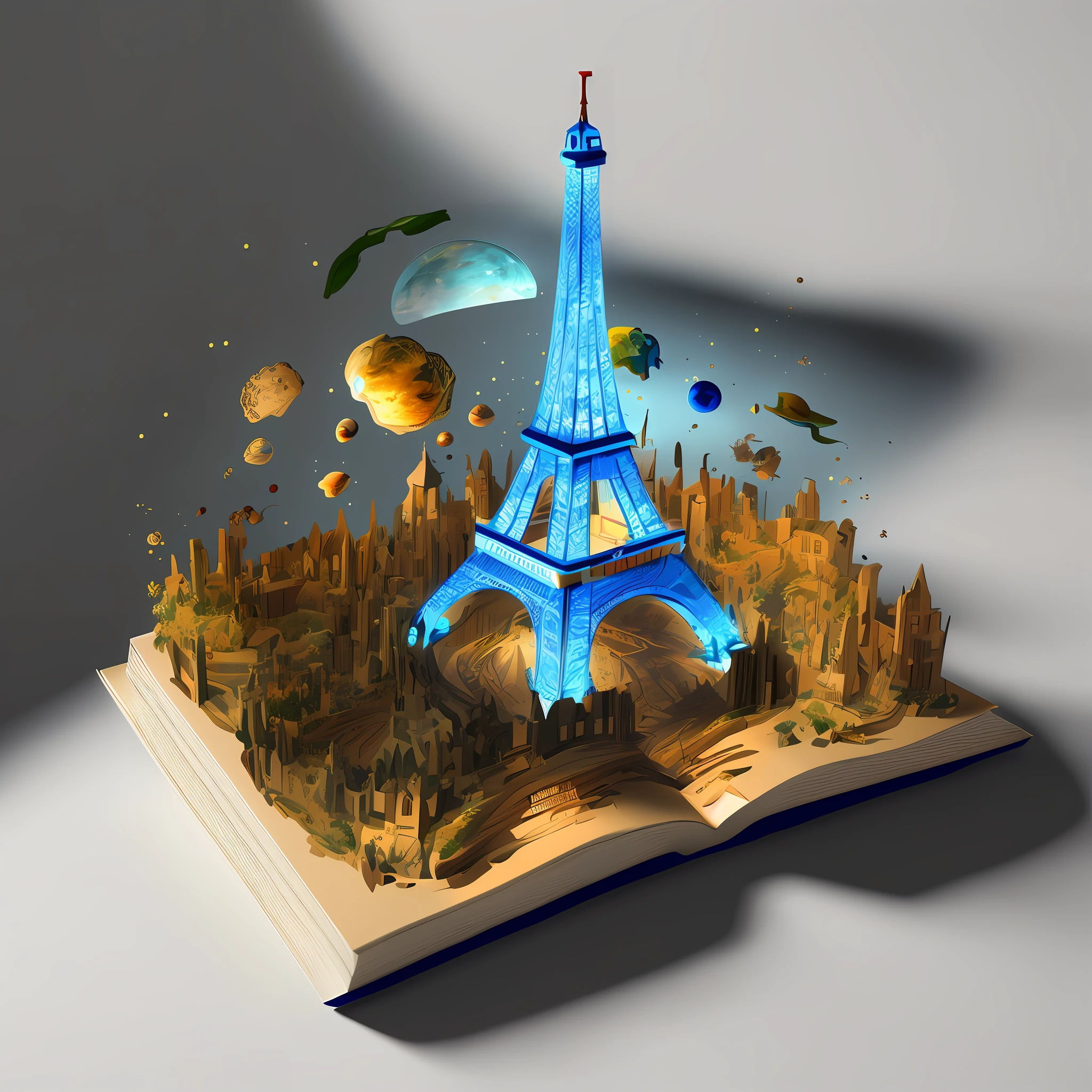 an open book with holograpic of the eiffel tower and a city in the middle, fantasy book illustration, 3 d illutration, 3 d epic illustrations, beautiful render of a fairytale, detailed book illustration, fantasy book, intricate 3 d illustration, borne space library artwork, storybook art, surreal 3 d render, magic book, open magic book glowing, ultra detail