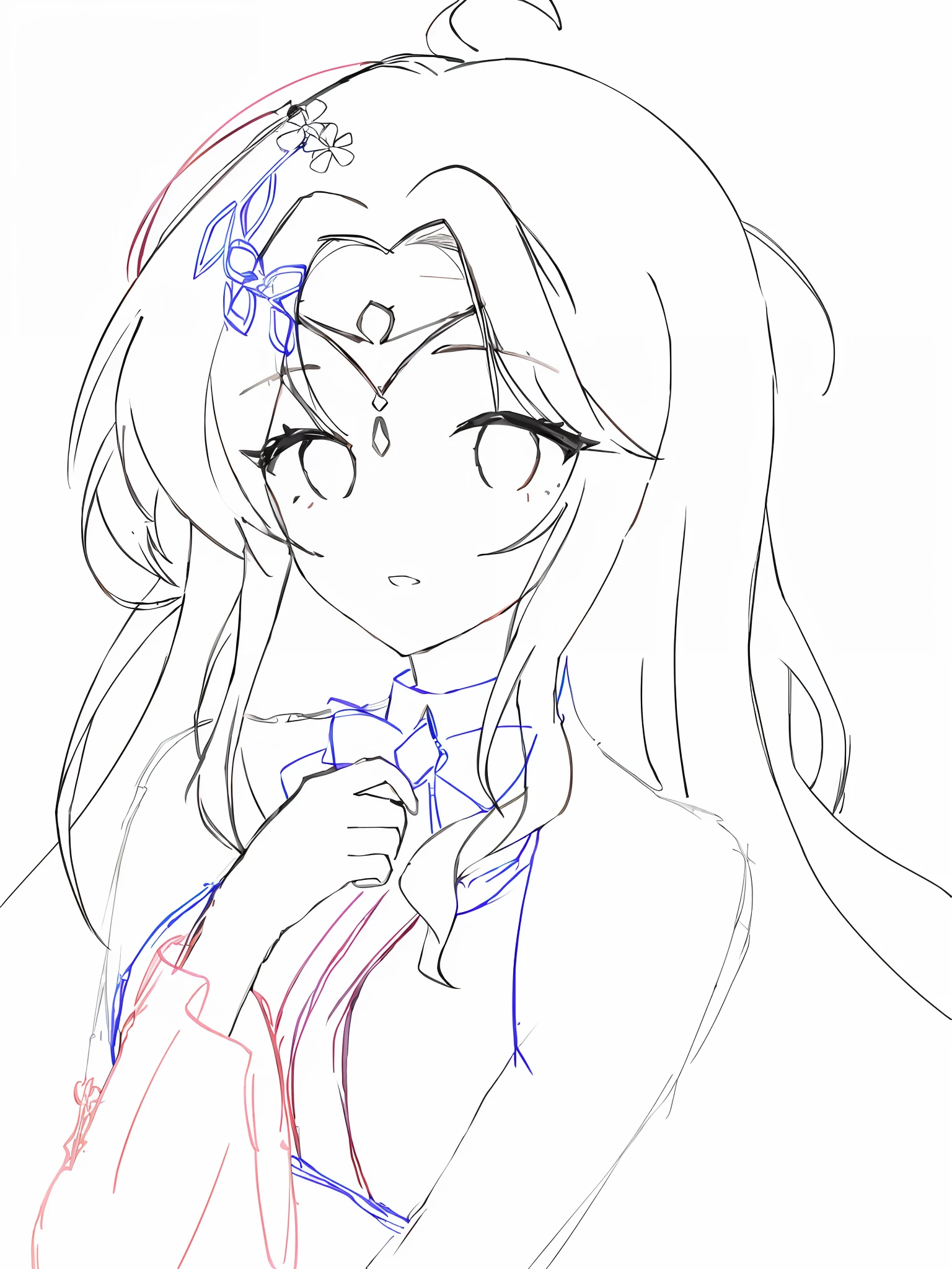 Draw a girl with long hair and a bow tie, clean anime outlines, Simple lines of art, perfect lineart, linear art, clean lineart, thick lineart, holding a pudica pose, Outline sketch, outlined art, variable lineart, Simple line art, Line sketch!!, Line art!!, no shade, thick line art