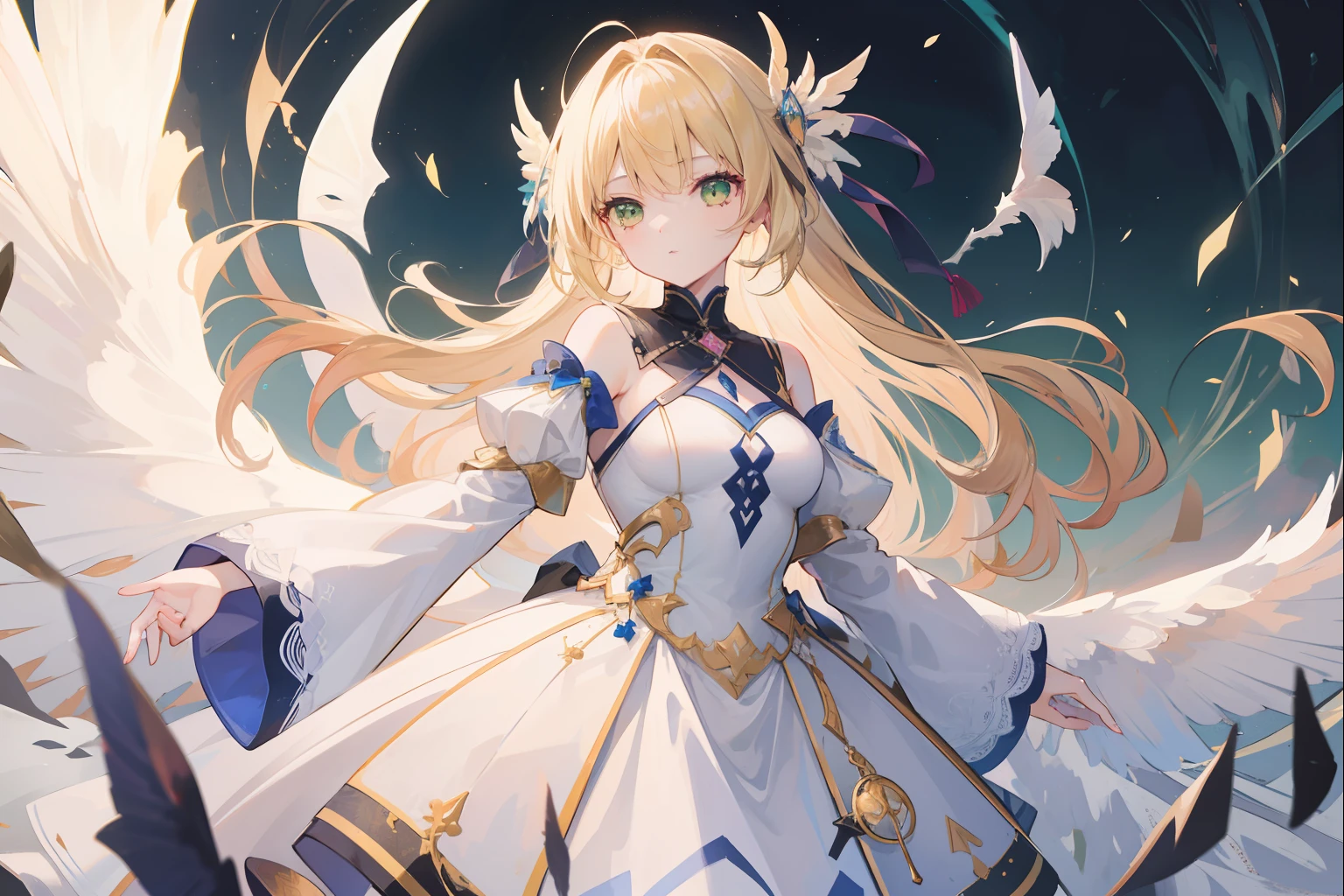 1 girl in、Have big wings、girl with、White luxury dress、The long-haired、blonde hair、Yellow-green eyes、mid air、Flapping in the sky、wonderful painting、Looking at the camera、Angle from diagonally down、(High resolution of the highest quality)、((Masterpiece Highest Quality:1.2))