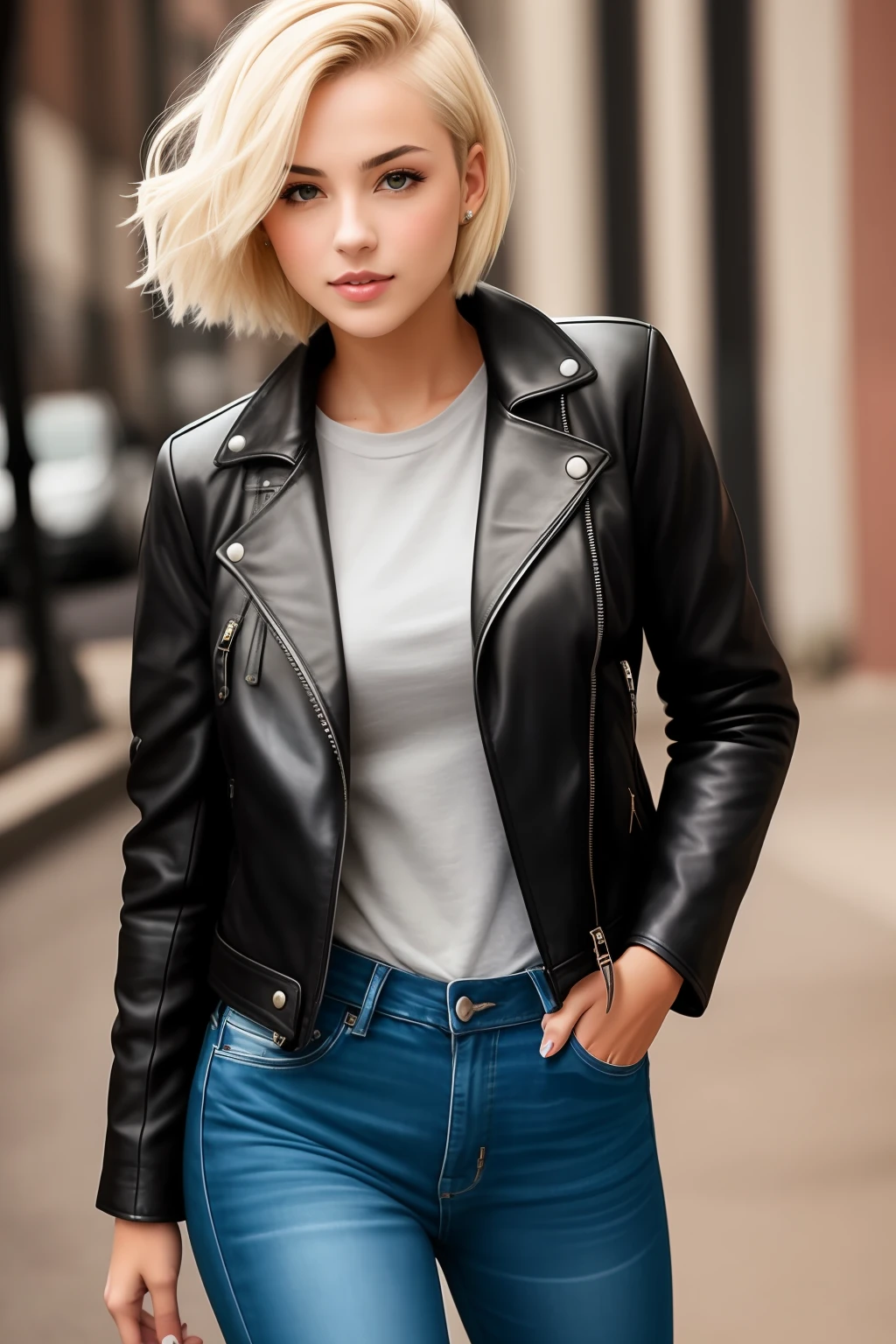 Hot girl with short blonde hair, wearing a leather jacket and jeans
