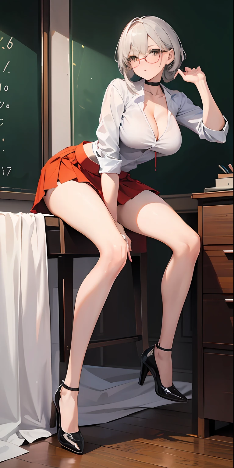 (masterpiece), best quality, perfect face, 1girl, mature woman, leaning forward, long grey hair, large breasts, hanging breasts, cleavage, narrow waist, ((teacher)), suits, wearing glasses, ((ultra short skirt:1.2)), pencil skirt, choker, very small shirt, red skirt, ((mini tight skirt: 1.2)), full body, white high heels, garters, lace stockings,long and slender legs, beautiful legs,erotic