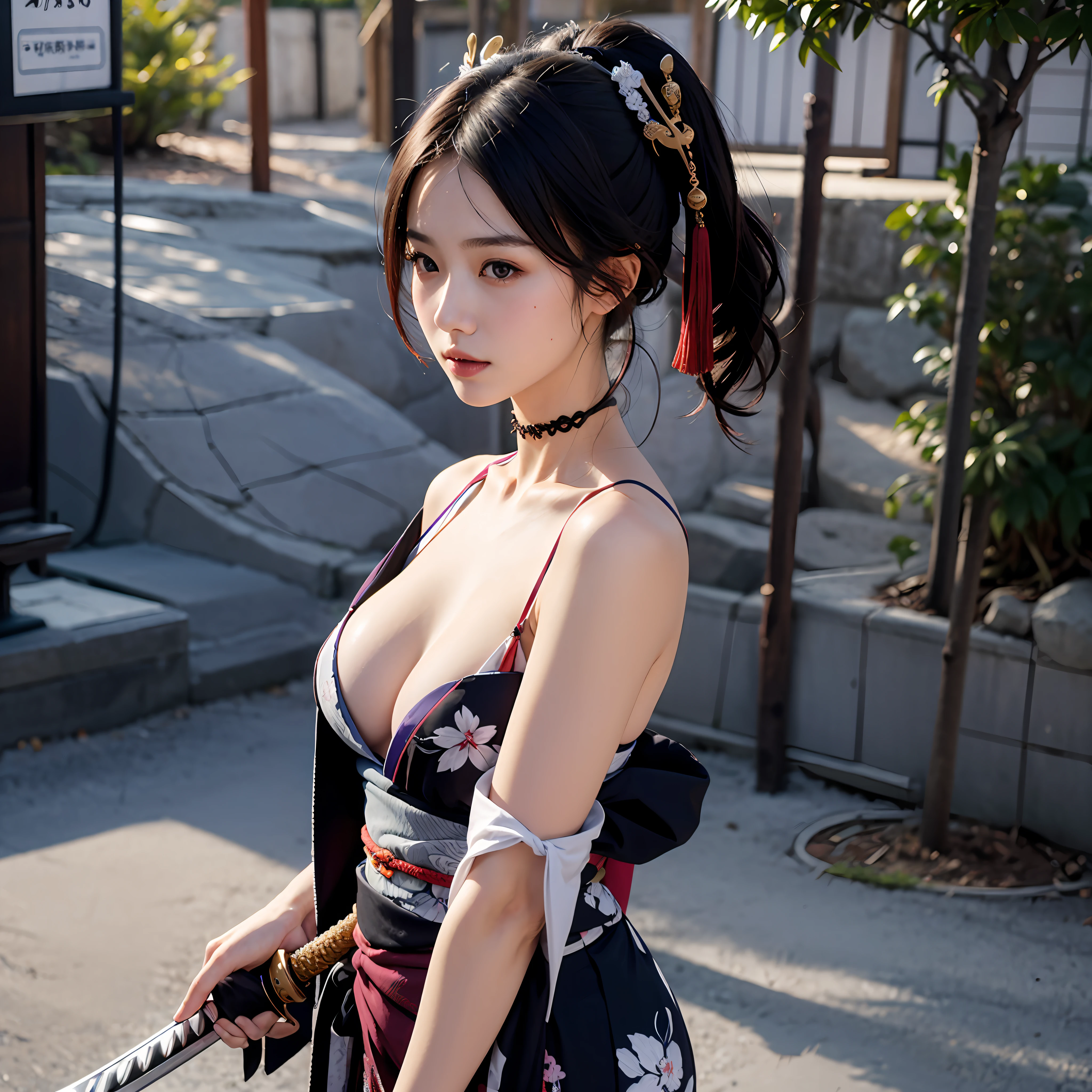 An arafed woman in a open off kimono , holding a sword, japanese goddess, japanese, japanese model, she is holding a katana sword, seductive geisha,elegant,cleavage squeezing, unsheathing her katana,erotic poses,