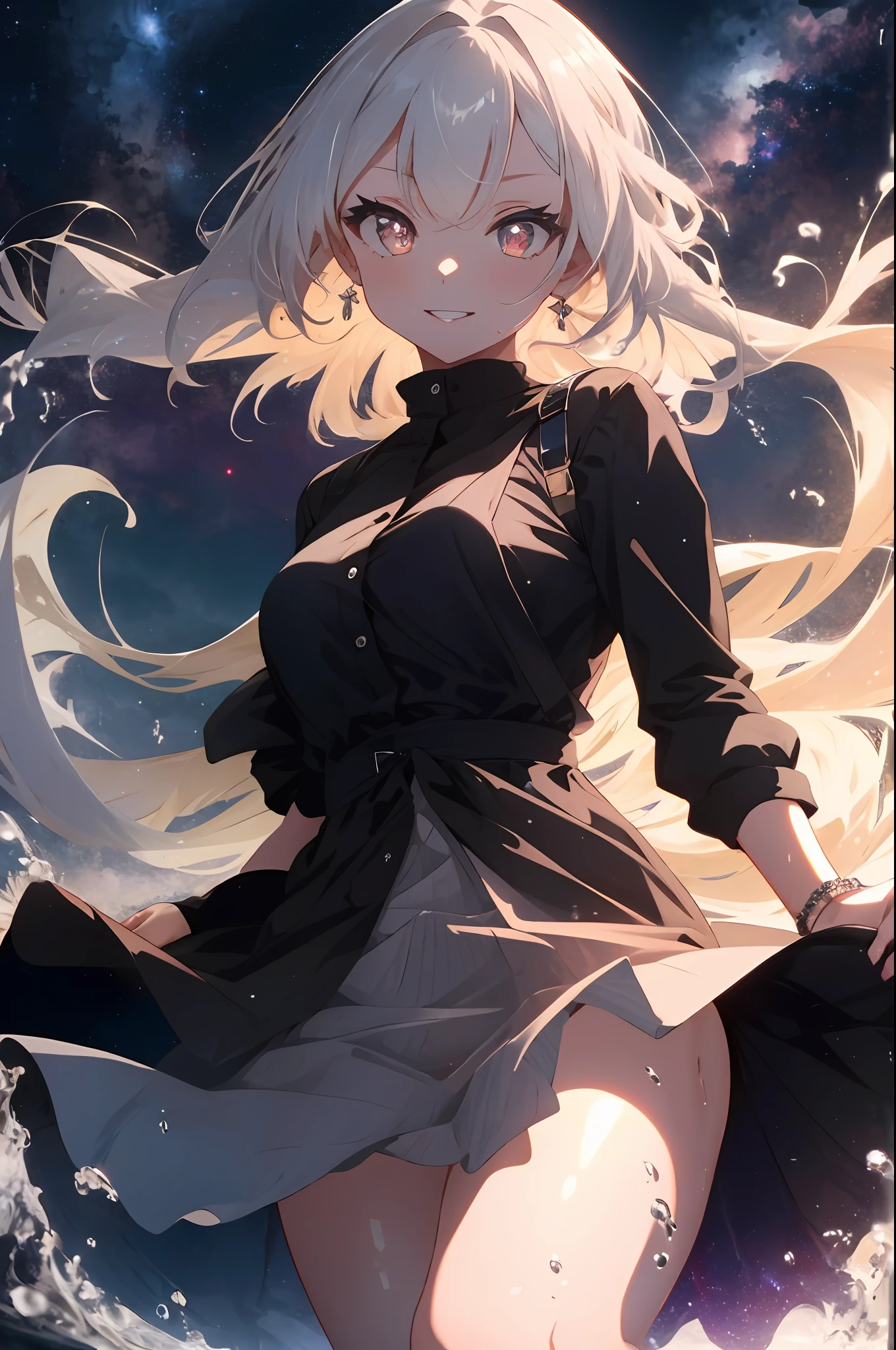(simple hands:0.5)+(detailed hands:0.7), (masterwork), (best quality), white hair, red eyes,1girl, pale skin, white hair, red eyes, two tone hair, eyelashes, bracelet, jewelry, smile, gleaming skin, shiny hair, detailed and majestic stage, Fantasy, Long Hair, 1 girl, two-tone hair, night sky, Incredibly detailed CG illustration masterpiece, looking at you, anime, beautiful anime eyes, beautiful detailed eyes, eyes, glittering eyes, red eyes, galaxy, nebula, (full body), (curvy), POV, wet neckline, (thick thighs), 4k hd, ultra realistic, perfect body, perfect lips, perfect nose, perfect eyes, Nice belly detailed, see through clothes, legs open, looking at the viewer, dress, elegant dress,