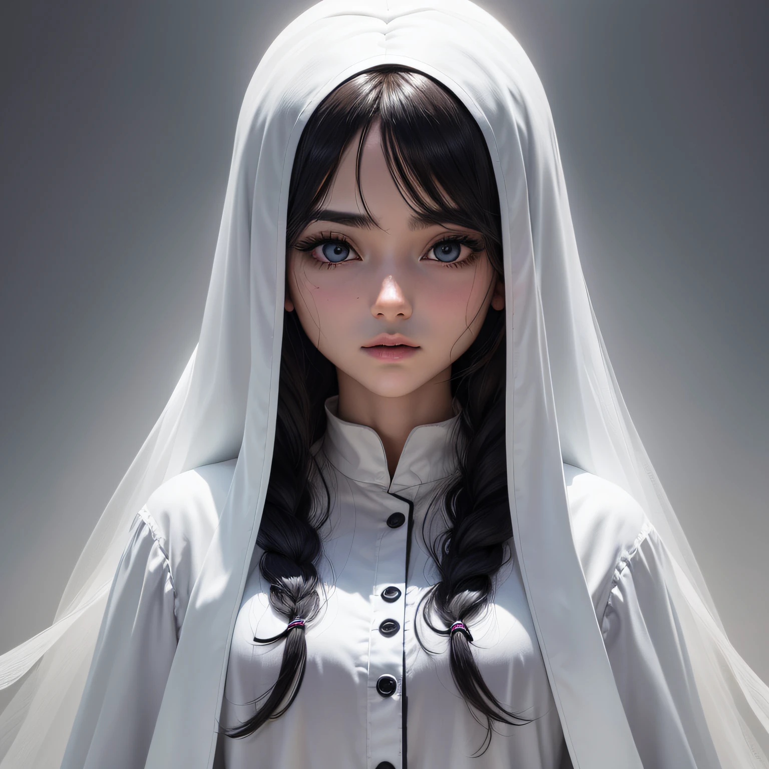 ghosts、cabelos preto e longos、Face hidden in hair、White attire