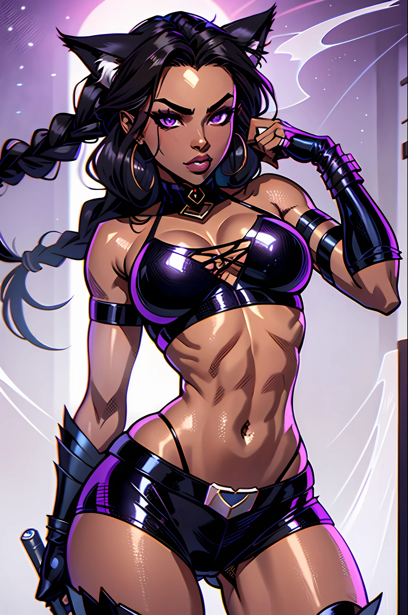 Masterpiece, Excellent, 1girl, solo, complex details, color diffusion, comic book, anime, marvel, DC, catgirl, dark skin, ebony, brown skin, dark-skinned female, thighs, cat ears, dark hair, black hair, braids, dreadlocks, braided hair, purple eyes, skimpy attire, epic attire, assassin, badass, deadly but sexy, trending, demon, goddess, Super Villain