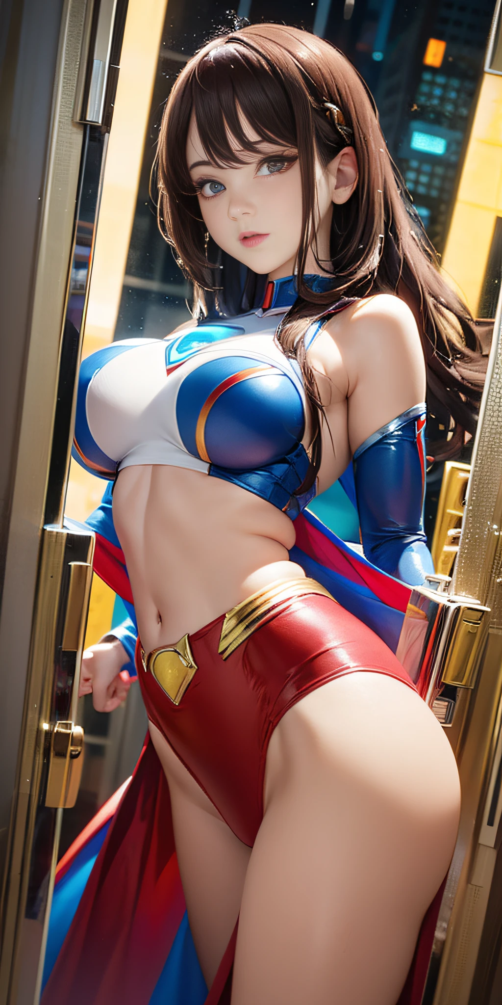 Anime style, (superman girl), insanely beautiful Alina Gorokhova portrait photo, 21 years old, full body, top angle, body curves, navel, miniskirt, smooth creamy skin, beautiful maroon eyes, Beautiful facial details, ((Manhattan background) )), low angle medium shot, greedy and attractive, amazingly euphoric gorgeous, vivid emotion, peach fluff, symmetrical circular iris, natural Glitter makeup, detailed moisture, detailed droplets, detailed intricate hair strands, DSLR, reflected in raytraced, Pino Deni, Larry's Bud Melmann, symmetrical face and body, CGsociety, Gottfried Hernwein and Irakli Nadal, eye reflections, focus, Unreal Engine 5, VFX, film photography, extreme detail, Ultra HD, post-processing, post-production, single face, Tanvir Tamim, ultra-realistic photography, Shot with Hasselblad X1D-50c, ISO 100