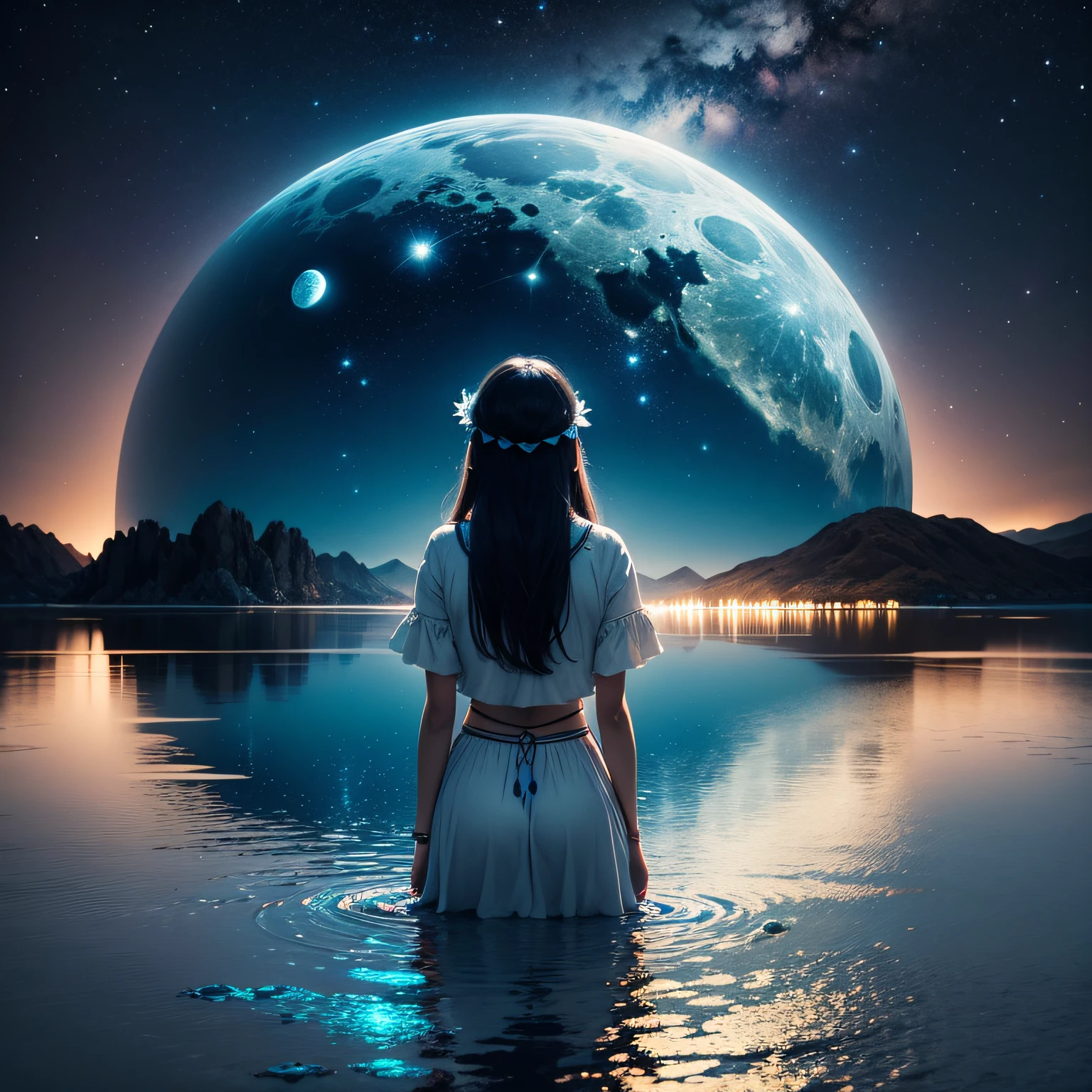 The scene shows an indigenous woman standing, looking at the night sky. The bright moon is suspended over a crystal blue lagoon, reflecting its brightness on the tranquil surface of the water. Algumas pedras cercam a lagoa, creating a serene and picturesque setting. The open sky reveals a spectacle of stars, painting the space with its twinkling lights. The indigenous woman seems connected with nature and the elements around her, soaking up the beauty of the moon and lagoon in your nocturnal contemplation. --auto