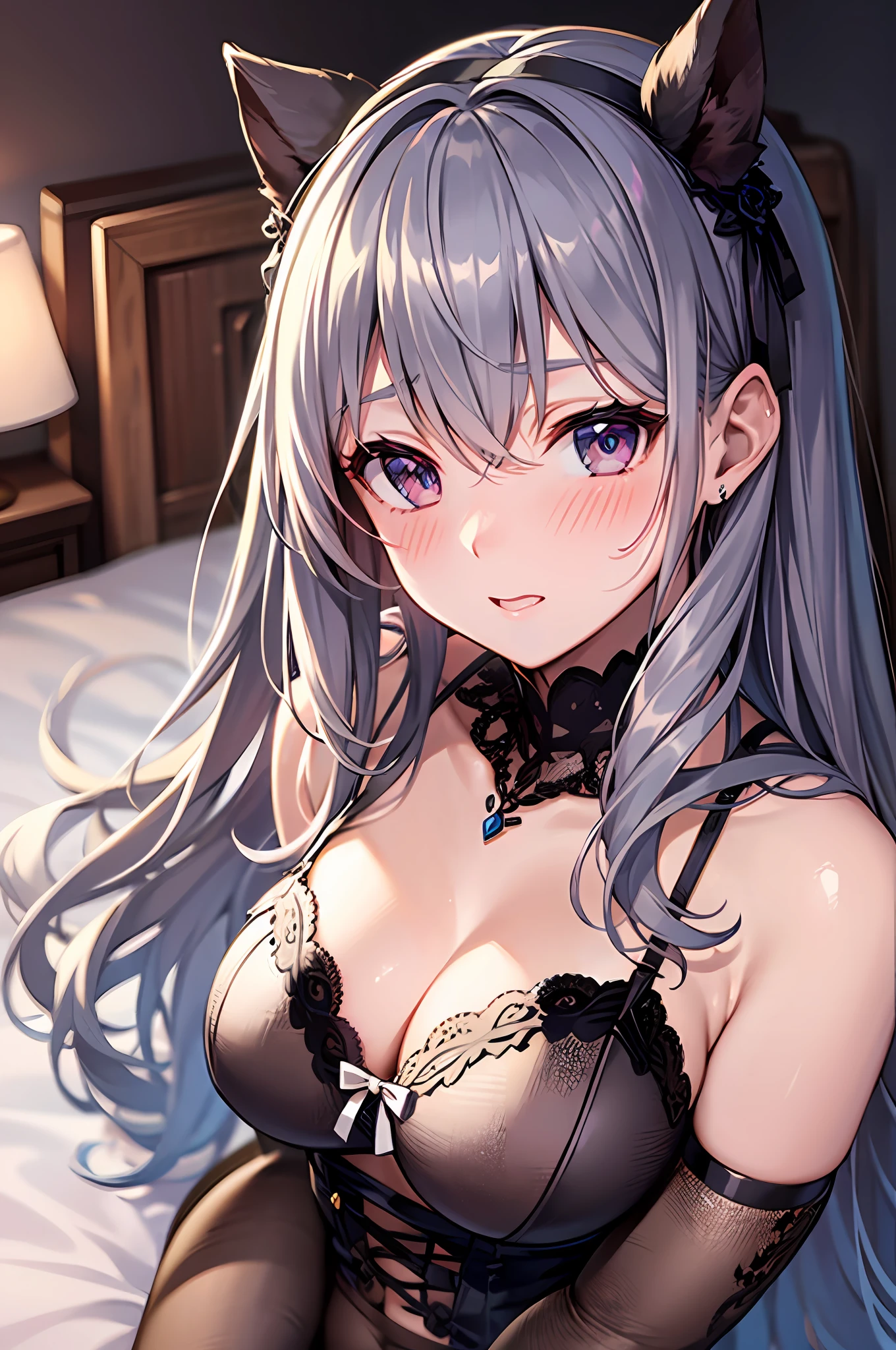Best Quality, ultra-detailliert, very detailed illustration, silber hair, Aimei, embarrassed from，breastsout，bustier，red blush，Be undress，a bed