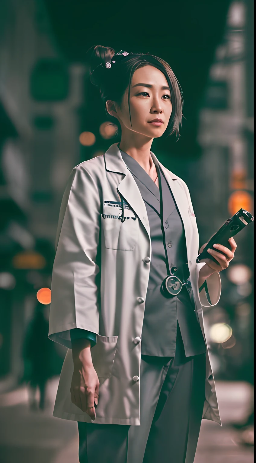 (
(Character: one medical examiner woman, 40 years old, chinese, high bun in the hair,small smile)
(Clothing: medical coat, gray hakama pants and flat shoes, with a stethoscope)
(Posing against a city street at night)
(Abstract colors, texture, film grain, analog style, cinematic movie still frame, gray color scheme)
(Skin pores, dusty atmospheric haze, vignetting, wrinkles:0.2, intricate hasselblad dslr RAW dramatic portrait photo, eye contact, nofilter selfie, (backlit)1.2, (film grain)1.2)
)