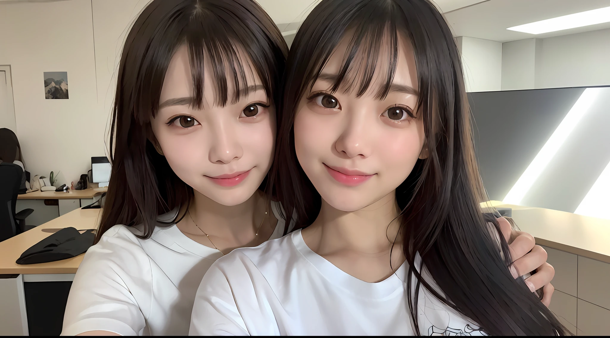 女の子1人、Women around 23 years old、garments(tshirts）、hairstyle on(A dark-haired）、a picture、realisticlying、top-quality、adopt、A detailed face、s Office、a desk、细致背景、diffuse sunlight、depth of fields、独奏